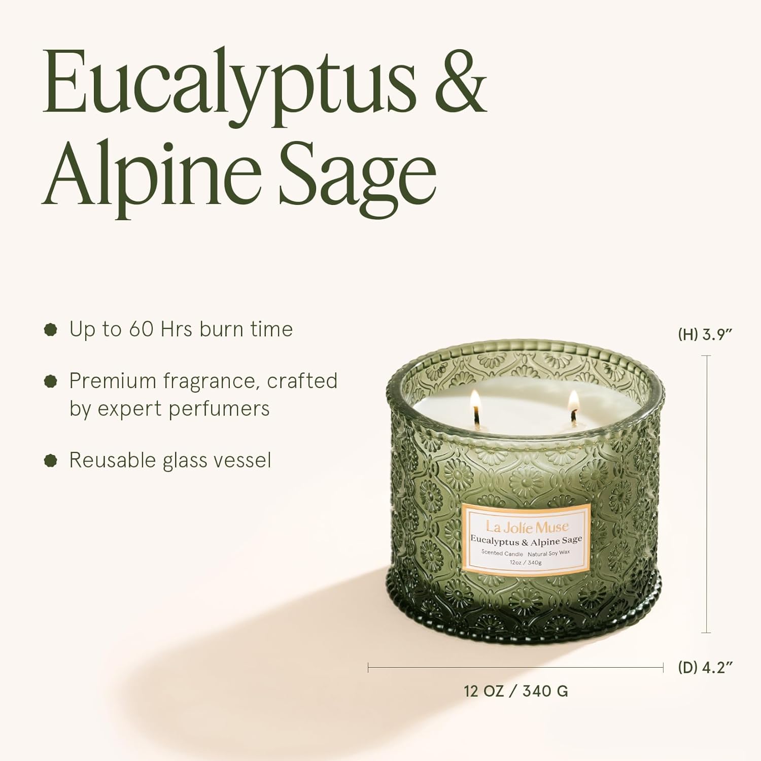 Thumbnail 4 de LA JOLIE MUSE Eucalyptus & Alpine Sage Scented Candle — 12 oz Double Cotton Wick Soy Candle