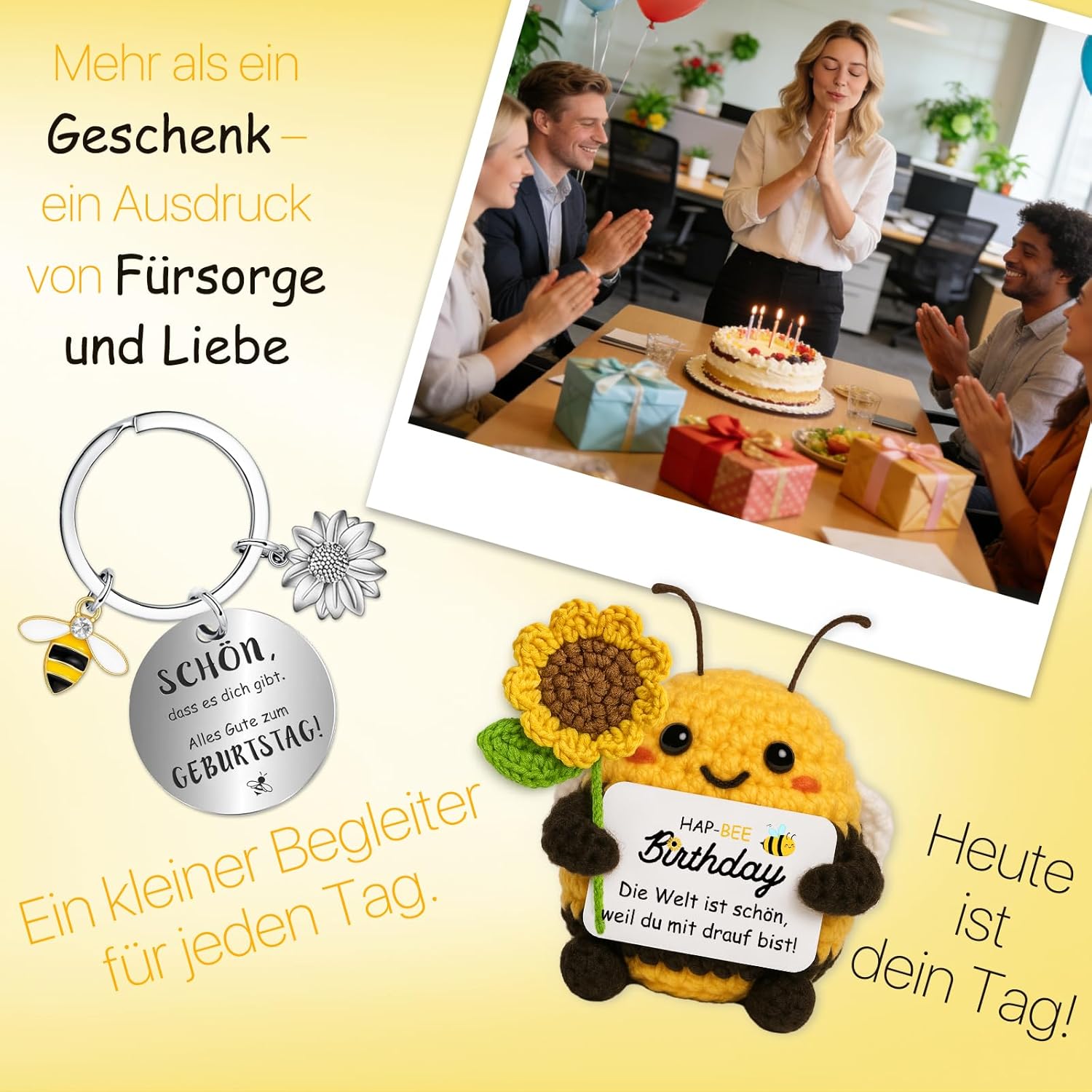 Thumbnail 6 de Handgehäkelte Biene mit Sonnenblumenstrauß und Edelstahl-Schlüsselanhänger – Farbeele Mutmacher-Geschenk zum Geburtstag