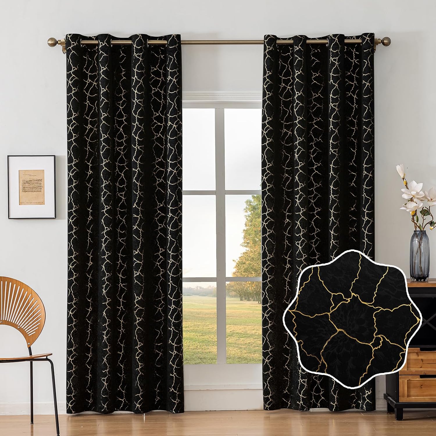 Thumbnail 1 de Ystyle Rideau occultant en velours noir avec motifs dorés (lot de 2) 140x245 cm