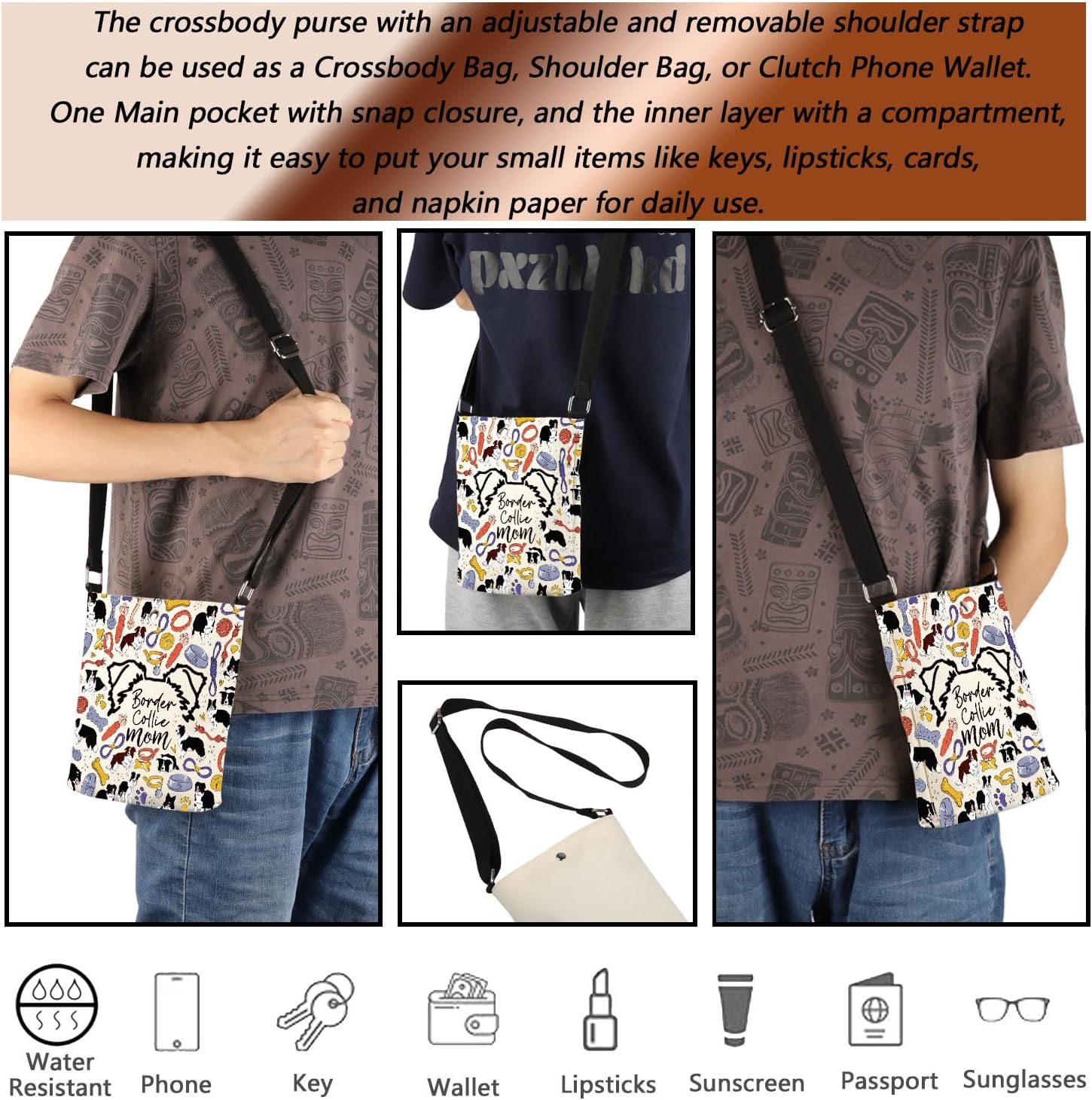 Detalle 2 de MEIKIUP Border Collie Mom Crossbody Bag: A practical small canvas sling for dog lovers
