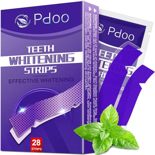 Detalle de Pdoo tiras blanqueadoras dentales moradas, 28 tiras con tecnología correctora
