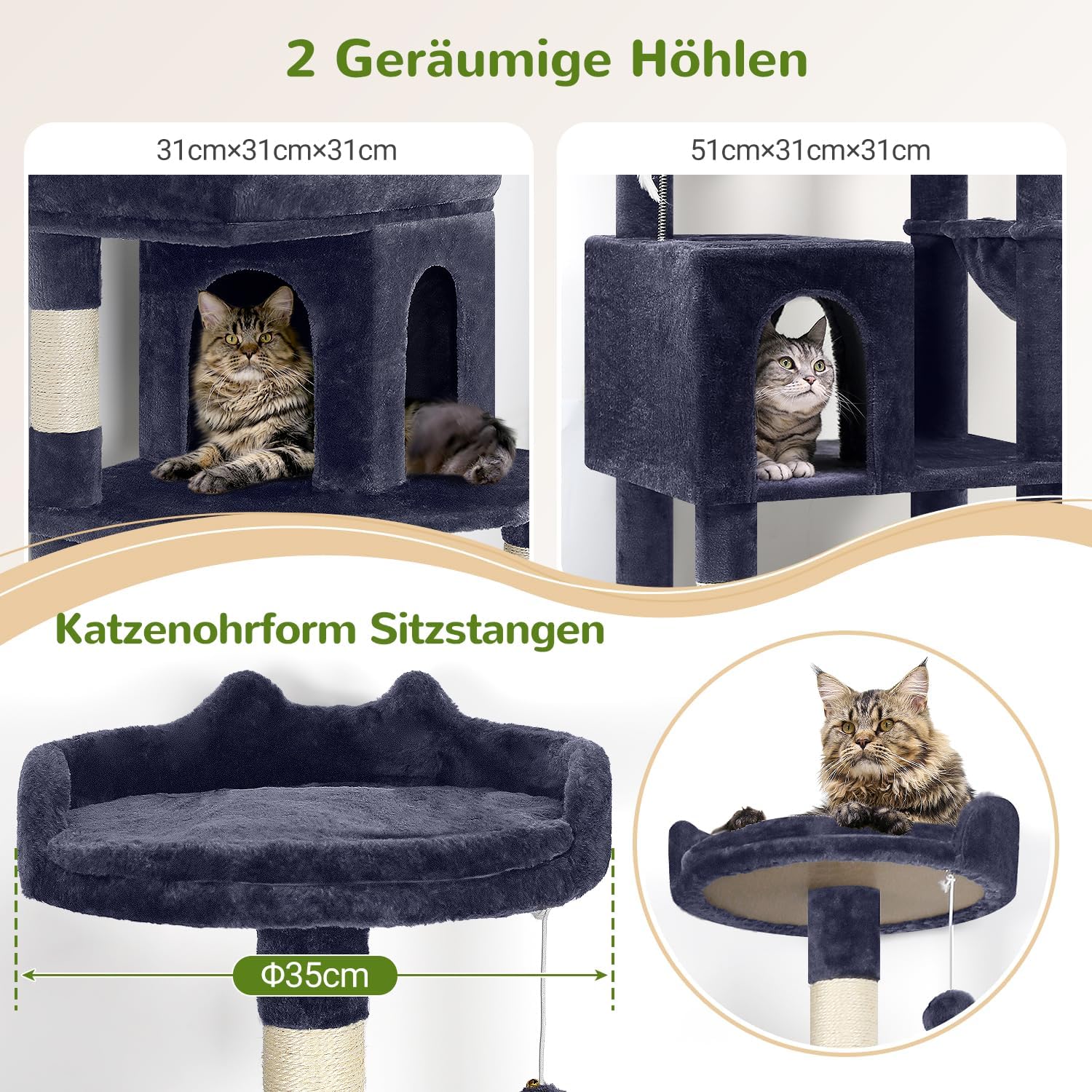 Detalle de Globlazer Kratzbaum für Maine Coon – 183 cm hoch mit Großem Katzenhaus, Plattformen & Kippschutz (Rauchgrau)