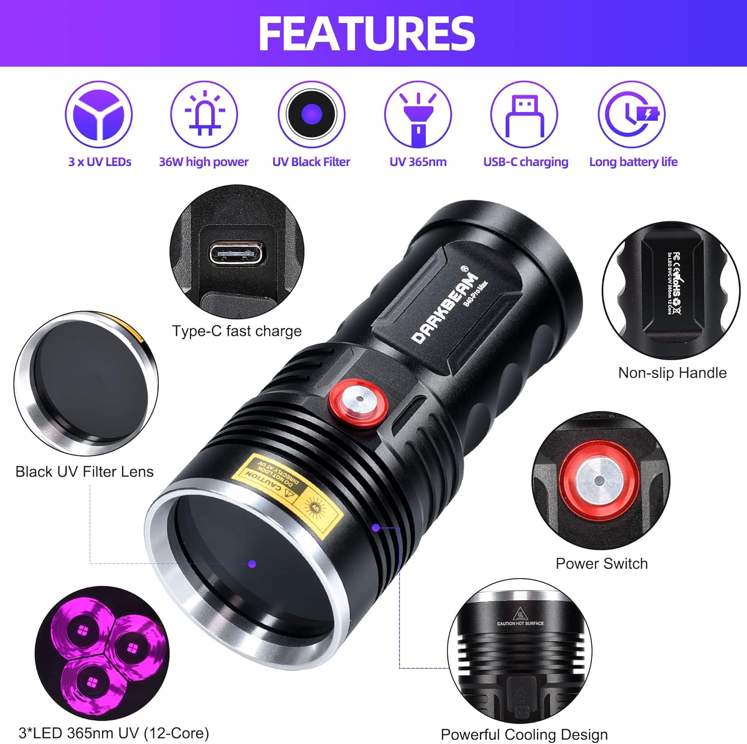 Detalle 2 de DARKBEAM UV Torce 365nm 36W