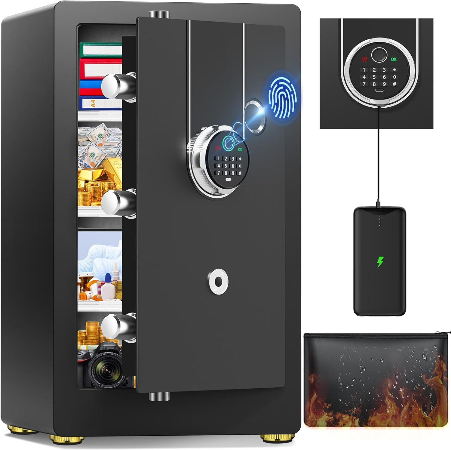 Detalle de 75L biometrischer Möbel-Tresor für Zuhause – Großer Kunststoff-/Stahlsafe mit Fingerabdruck, LED-Beleuchtung und Einbauoptionen