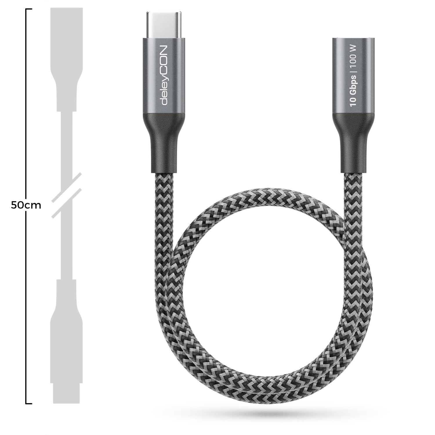Detalle de deleyCON USB-C Verlängerungskabel 0,5 m – 100 W, 10 Gbit/s, USB-C zu USB-C, DP Alt Mode, 4K@60Hz