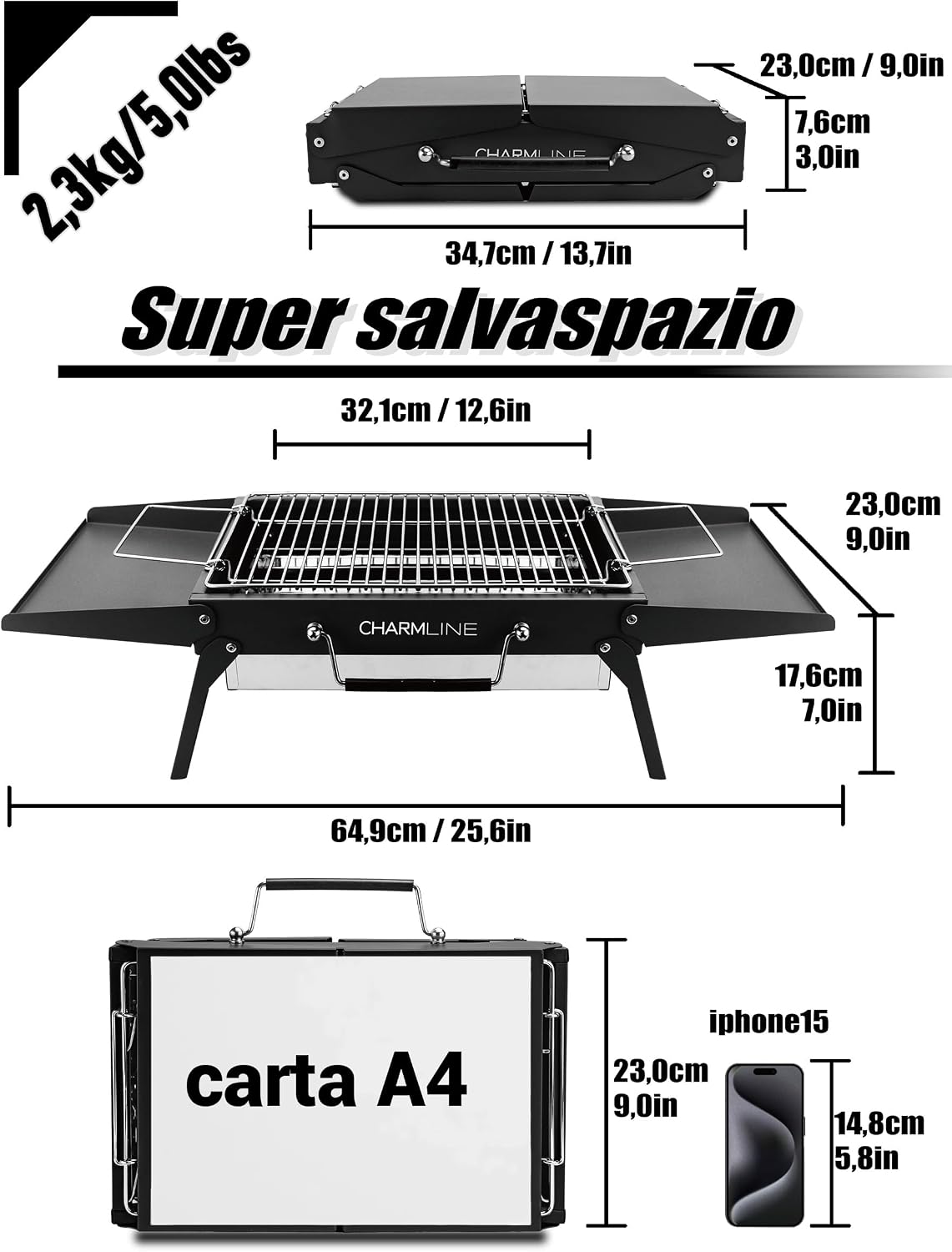 Detalle 2 de Charmline Griglia a Carbone Portatile 34 x 23 cm – Pieghabile, per 1–3 persone
