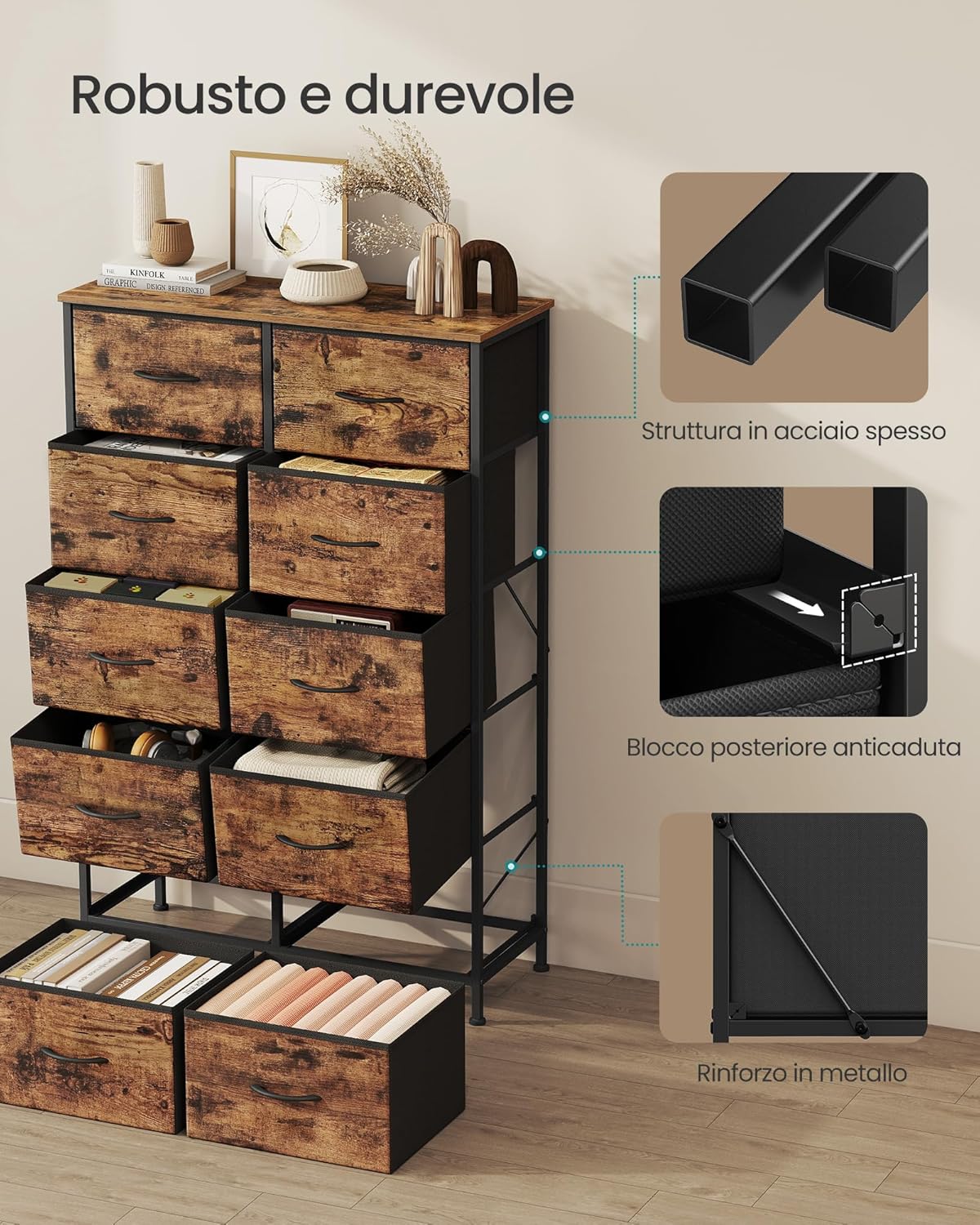 Detalle 2 de SONGMICS Cassettiera per Camera da Letto con 10 Cassetti (LGS125BH04) – Marrone Vintage/Nero