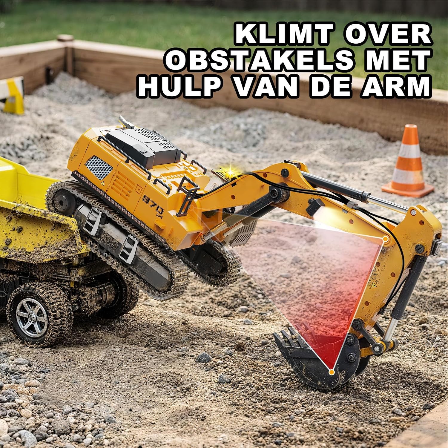 Detalle de Womaqu YG970 RC-graafmachine 1:50 met metalen bak, rupsbanden en 2,4GHz-bediening