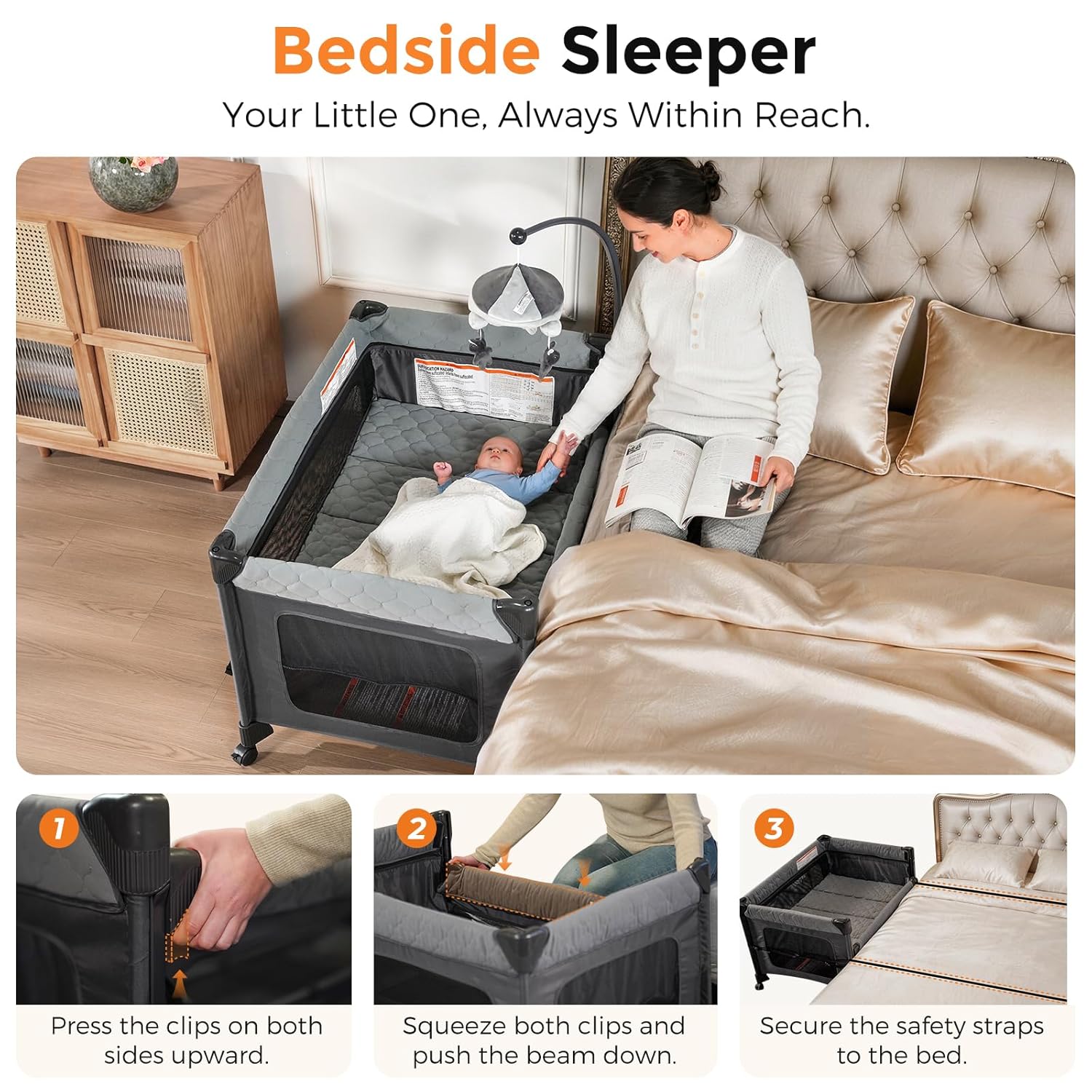 Detalle de Pamo Babe Pack and Play with Bassinet: 7-in-1 Portable Bedside Crib and Playard