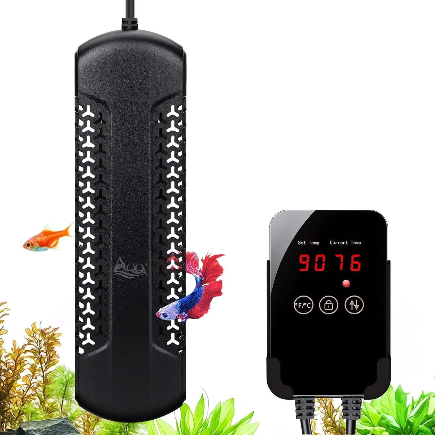 AQQA Aquarium Heater 1000W with External LED Thermostat Controller (Quartz, submersible) for 510–980L tanks