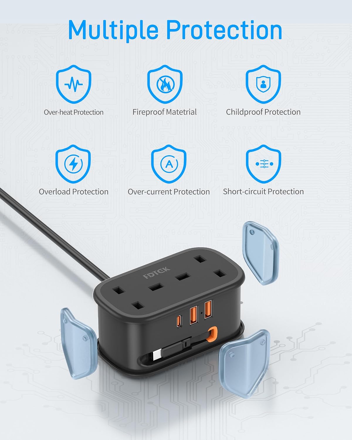 Detalle de FDTEK Travel Extension Lead (2-way power strip with retractable USB-C cable and 3 USB ports) – 1.5m UK travel extension