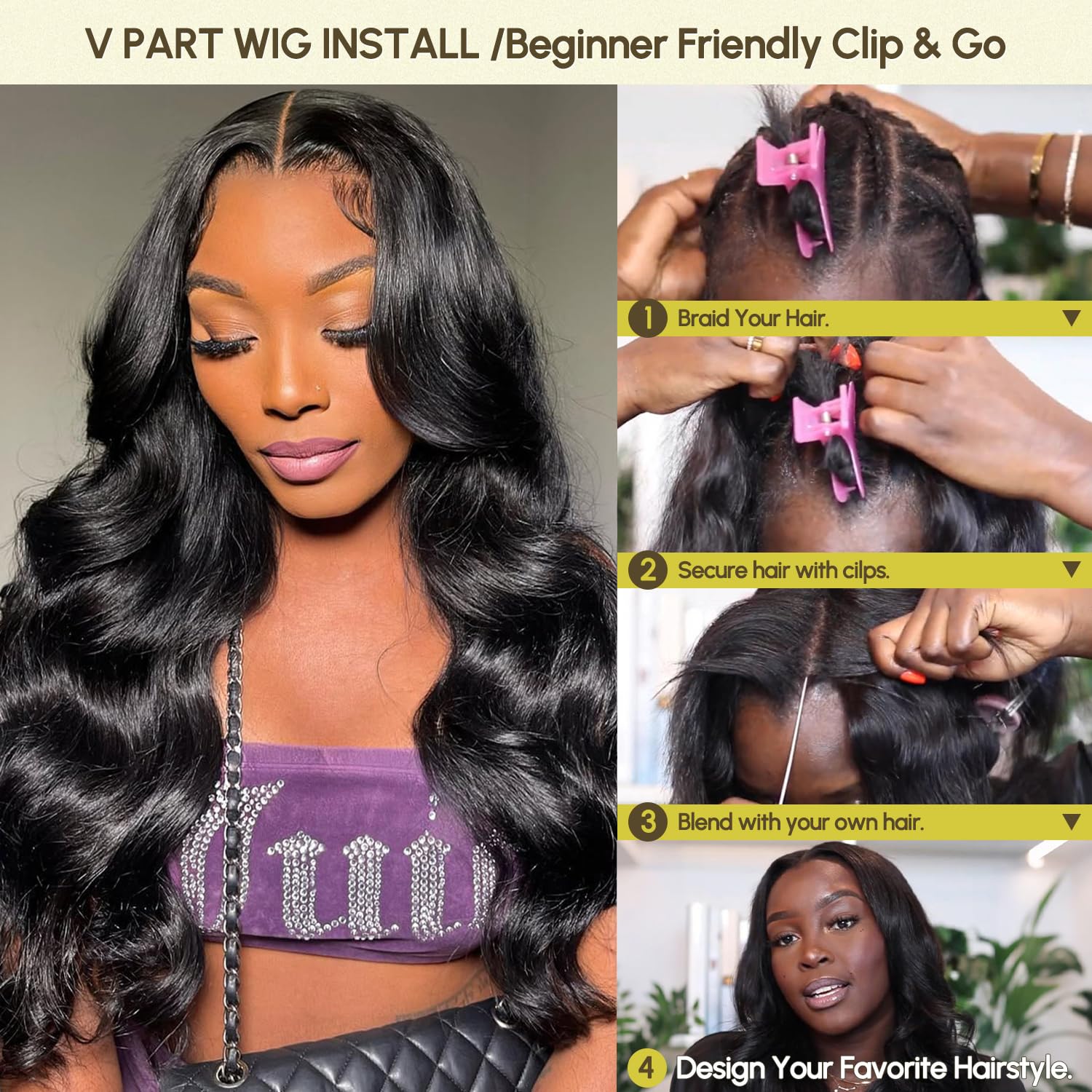 Thumbnail 1 de Omeself V Part Wig Human Hair Body Wave 200 Density – U Part, Glueless, Drawstring, 22 Inch