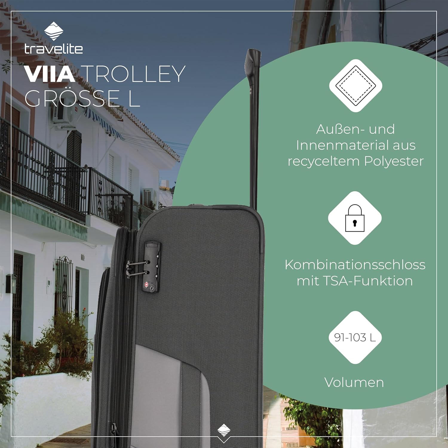 Detalle de Travelite VIIA 4-Rad Koffer Größe L – Weichschale aus recyceltem Polyester, 91–103 L, 77 x 47 x 30–34 cm