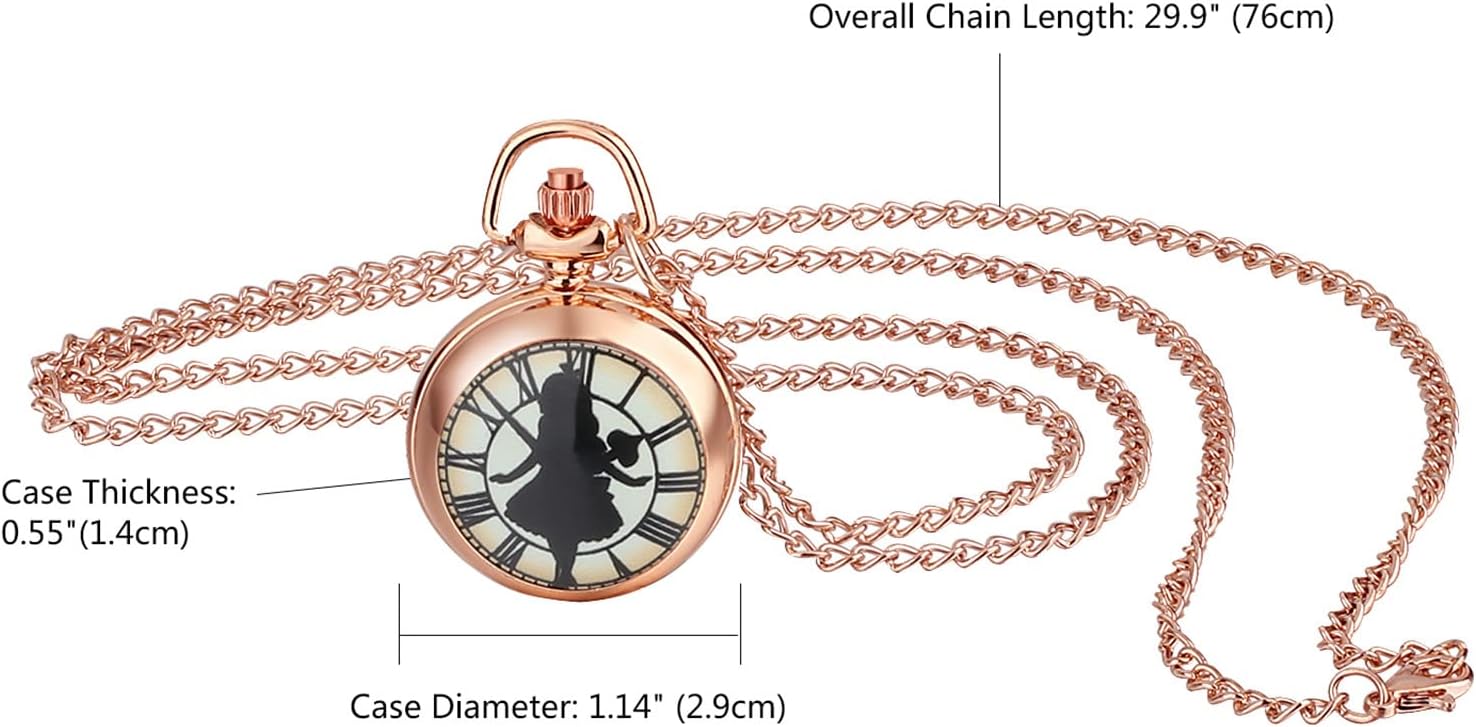 Detalle 2 de JewelryWe Taschenuhr Damen Elegant – Rosegold mit Engelsmotiv, Lebensbaum, Schädel, Schmetterling oder Engel Mädchen – Analoge Quarz-Uhr mit Kette