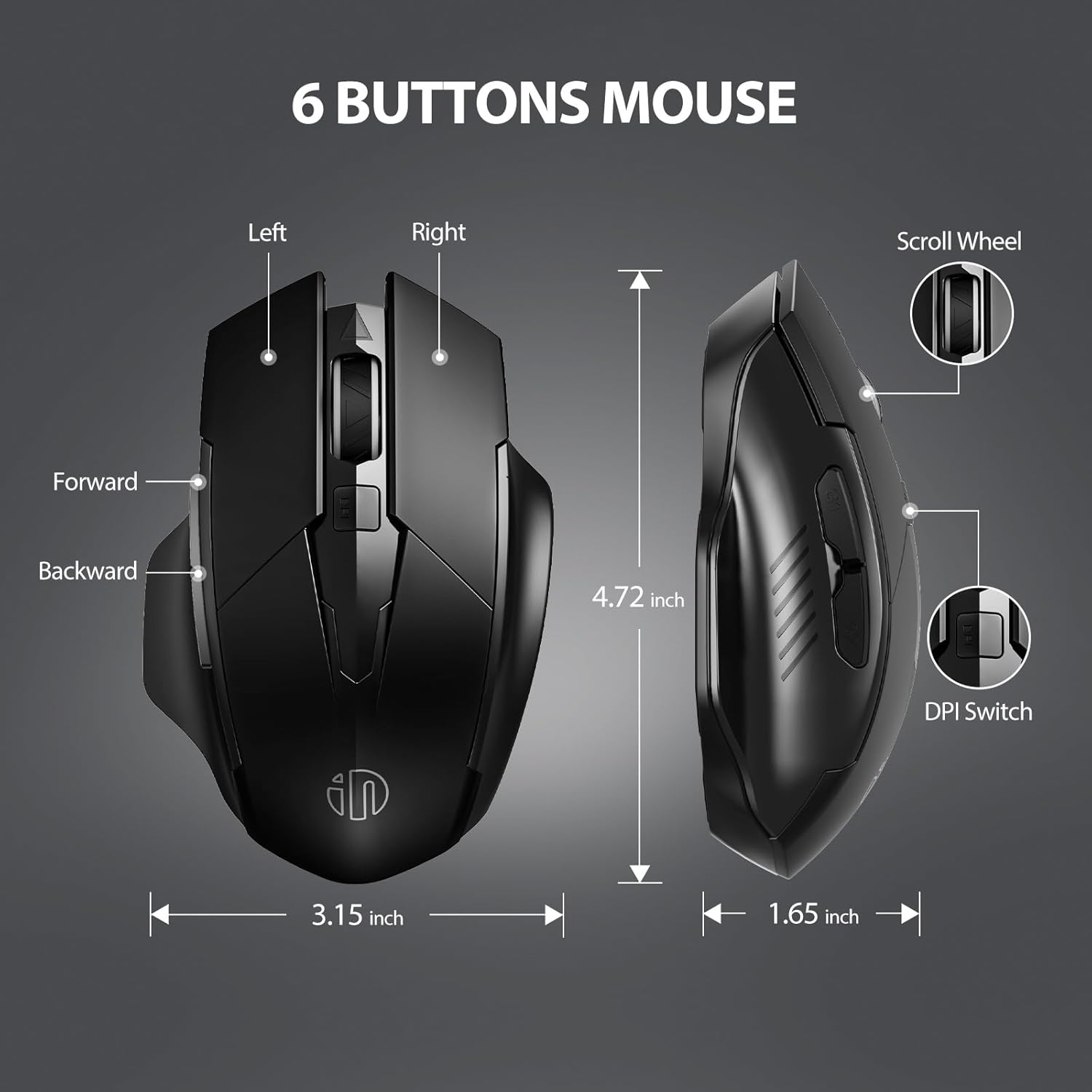 Thumbnail 5 de INPHIC Wireless Mouse Rechargeable: Ergonomic 2.4G Cordless, 800–1600 DPI with Silent Click