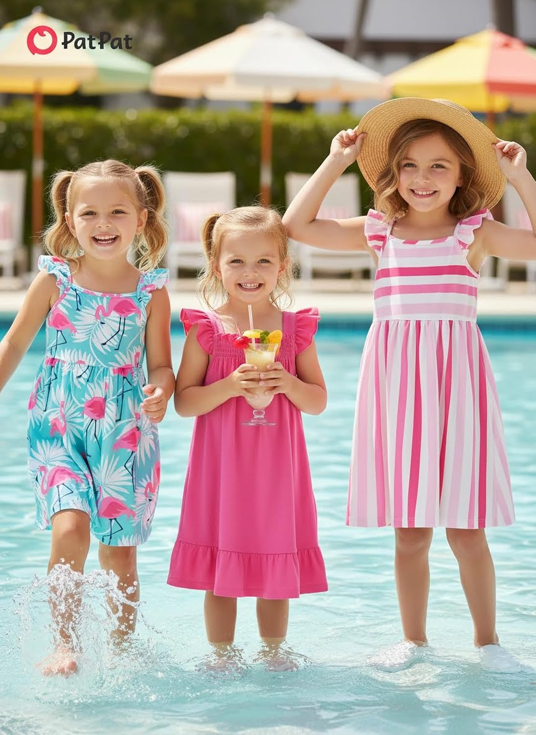 Detalle de PATPAT Multipack Girl Toddler Dresses (Sleeveless Flamingo Striped) — Festival & Everyday Casual Wear
