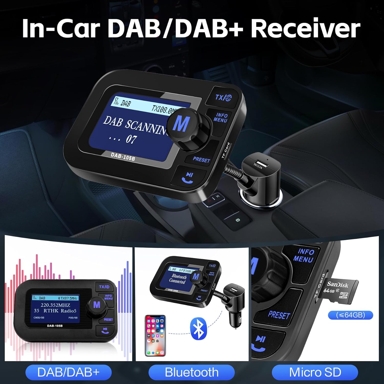 Thumbnail 1 de DeeprBetter DAB+ Adapter für Autoradio mit 2,3-Zoll-LCD, Bluetooth-Freisprechen und AUX/ FM-Übertragung