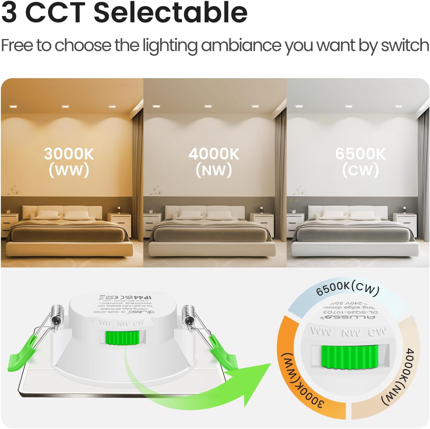 Thumbnail 4 de ALUSSO LED Einbaustrahler 230V Flach dimmbar 7 W, 3 Farbtemperaturen (3000/4000/6500 K) – IP44, 6er-Set Quadrat Nickel