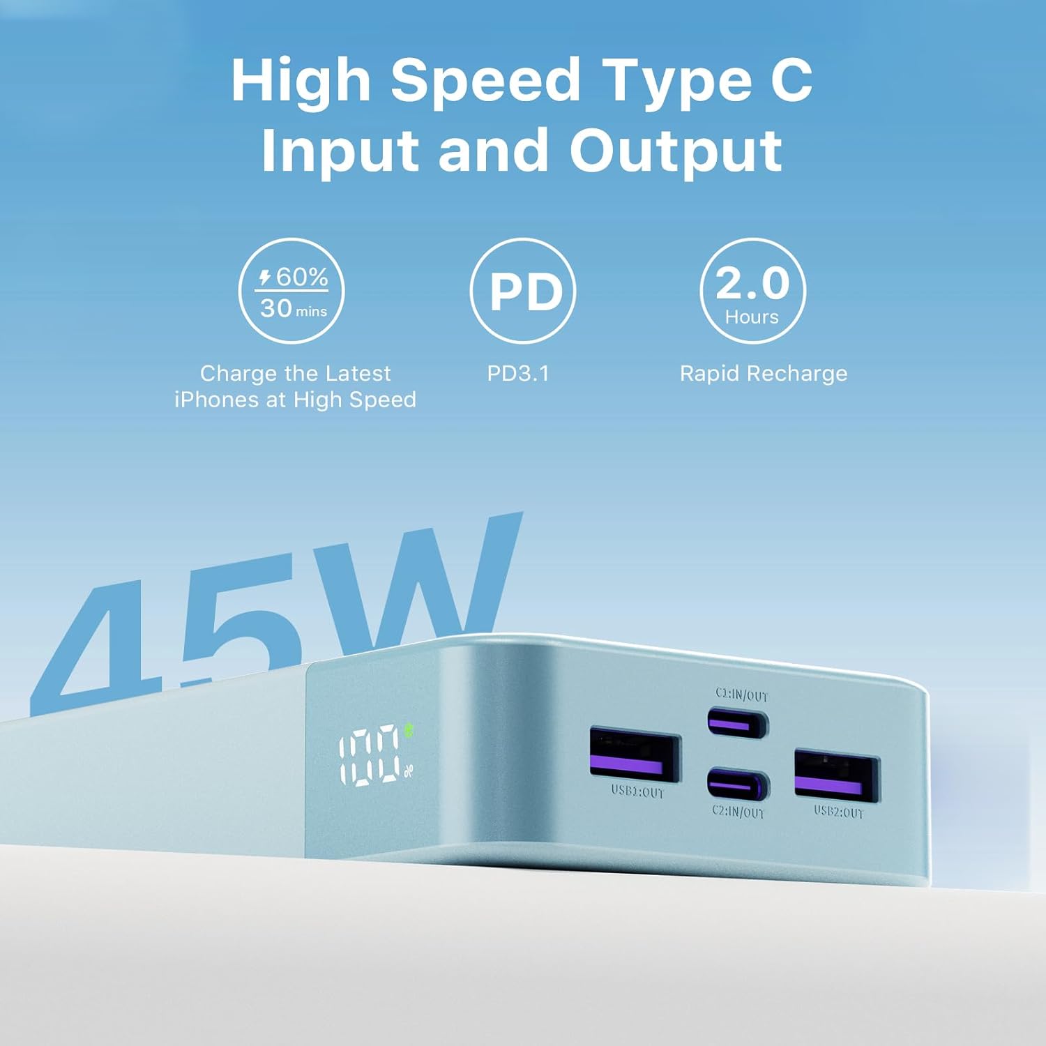 Thumbnail 3 de JUOVI J2621 Power Bank externe 45 W / 20 000 mAh (charge rapide PD 3.0, USB‑C et USB‑A)