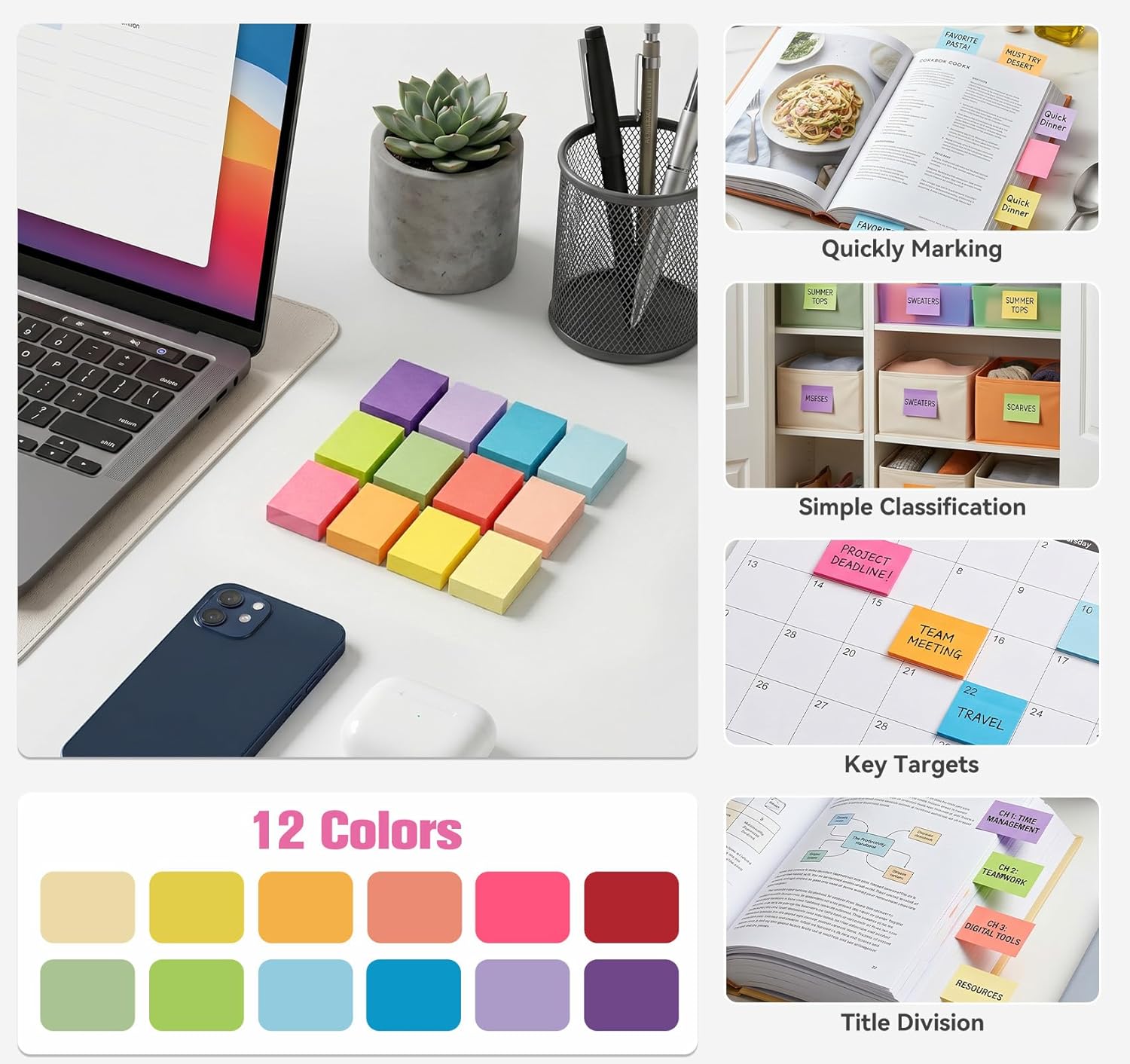 Thumbnail 2 de Agoer 2400 Notes Sticky Notes – 12 couleurs vives, mini blocs autocollants 50 x 38 mm