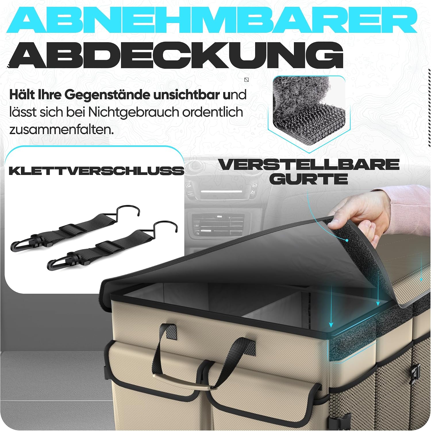 Detalle 1 de FORTEM Kofferraum Organizer (Kofferraumtasche) mit klappbarem Deckel – beige