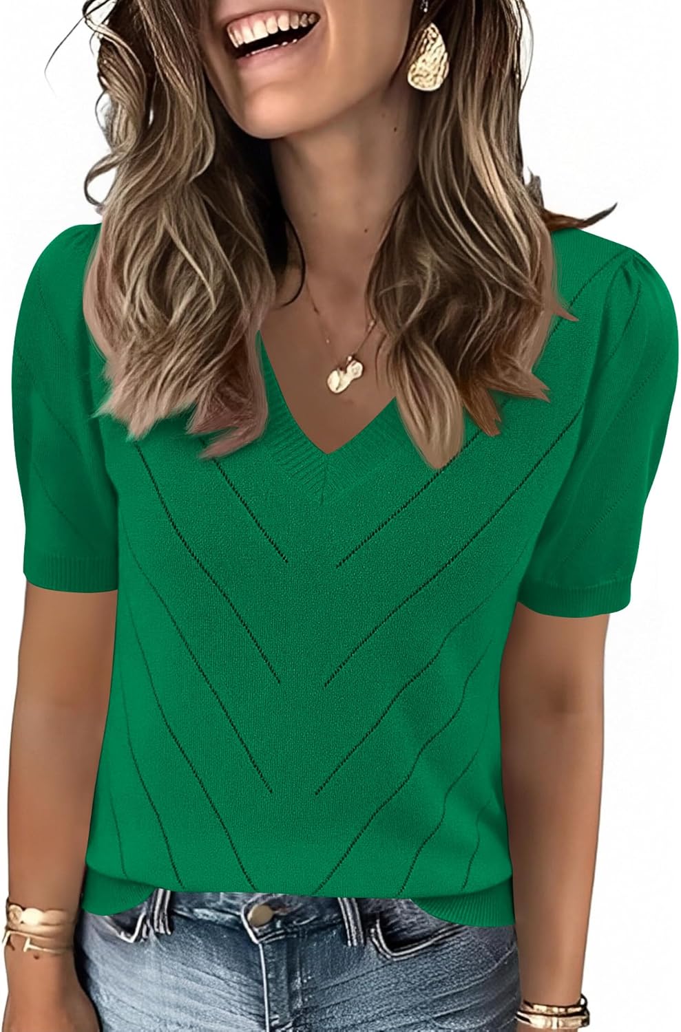 Detalle de LOMON Women's Puff Sleeve Lightweight V-Neck Knit Top — Versatile Summer to Fall Workwear