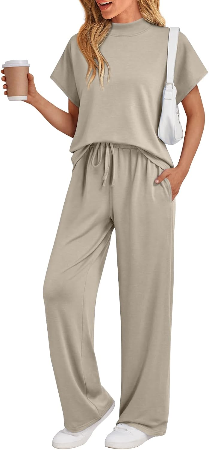 Detalle 2 de AUTOMET Women’s 2-Piece Matching Lounge Set (Mock Neck Sweatsuit) — Summer Short-Sleeve Travel Outfit
