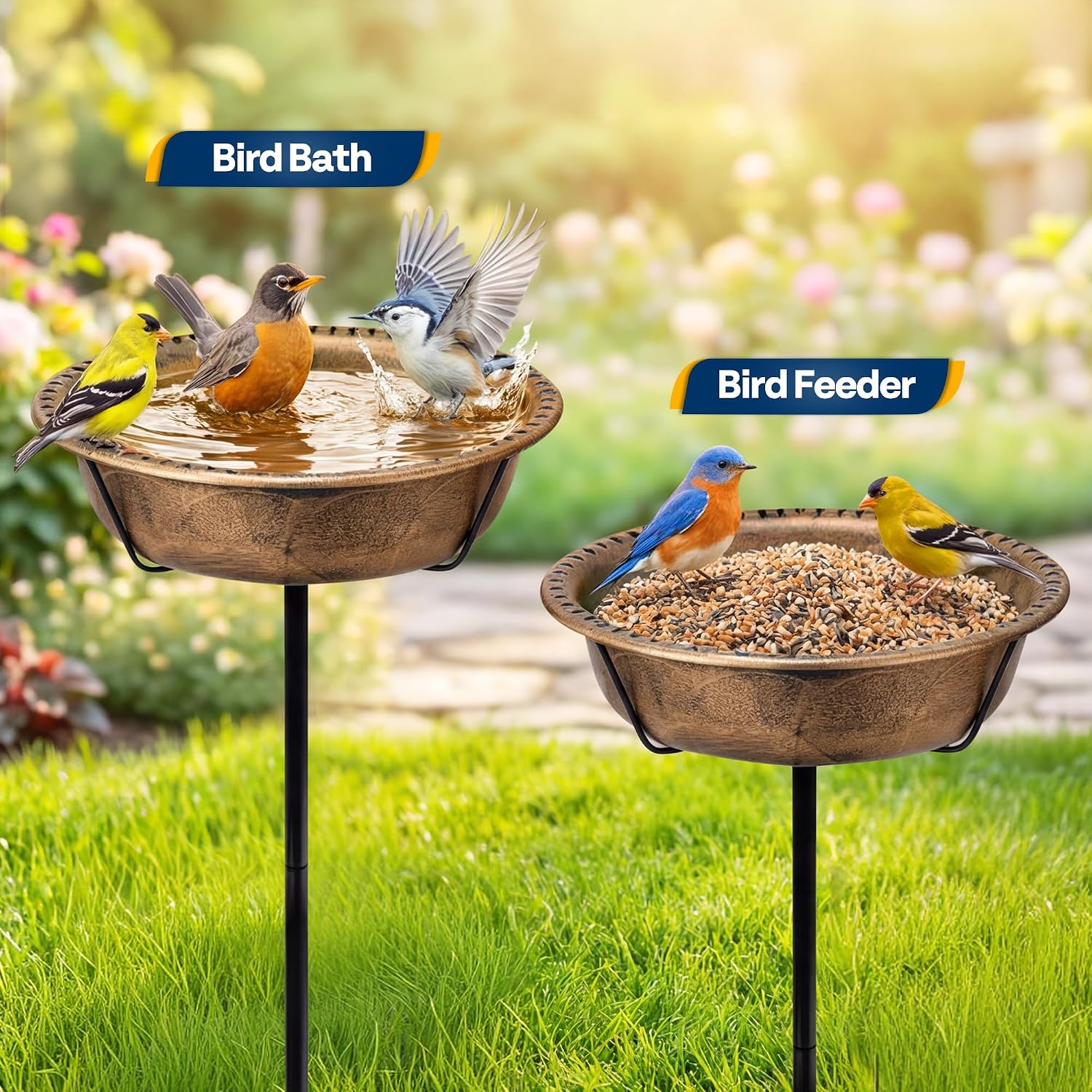 Detalle de VIVOHOME Vintage Metal Bird Bath – freestanding garden birdbath with removable bowl and upgraded 4-pronged base