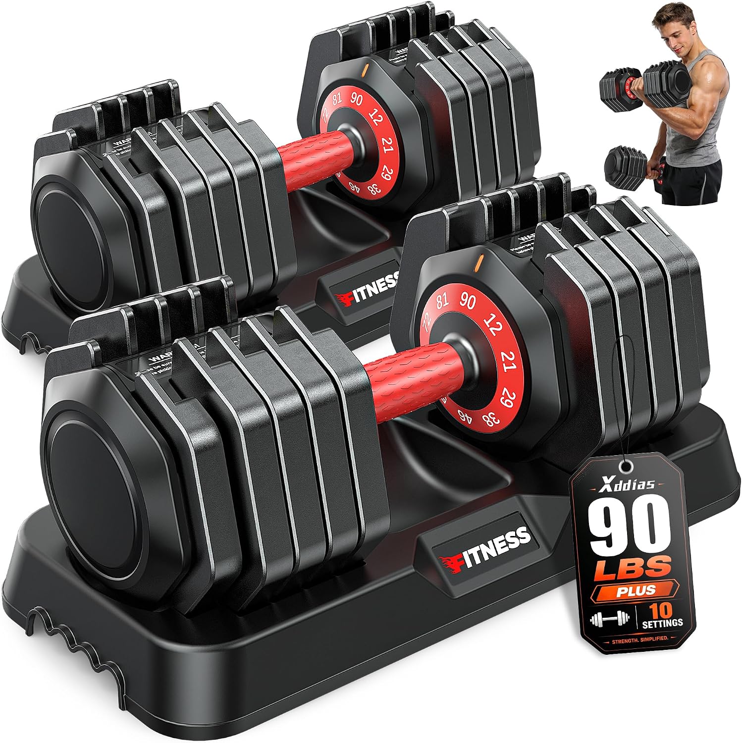 Detalle de XDDIAS Adjustable Dumbbell Set, 90 lb Pair with One-Hand Selector and Tray