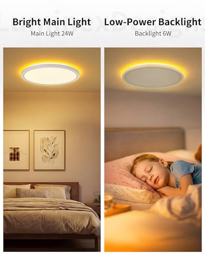 Detalle de LuminexDesigns Plafón LED Regulable 24W con Mando – Lámpara de Techo Ø30cm, Luz Nocturna 2000K y Temporizador