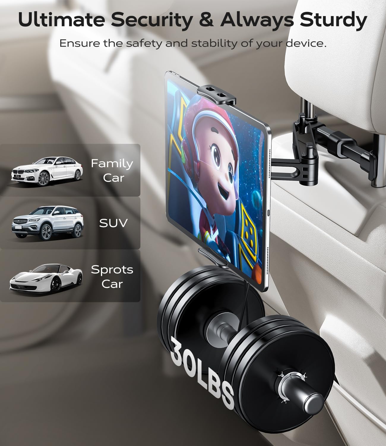 Detalle de AHK Support Tablette Voiture Extensible — Support d'appuie-tête rotatif 360° pour tablettes 4,4–11 pouces