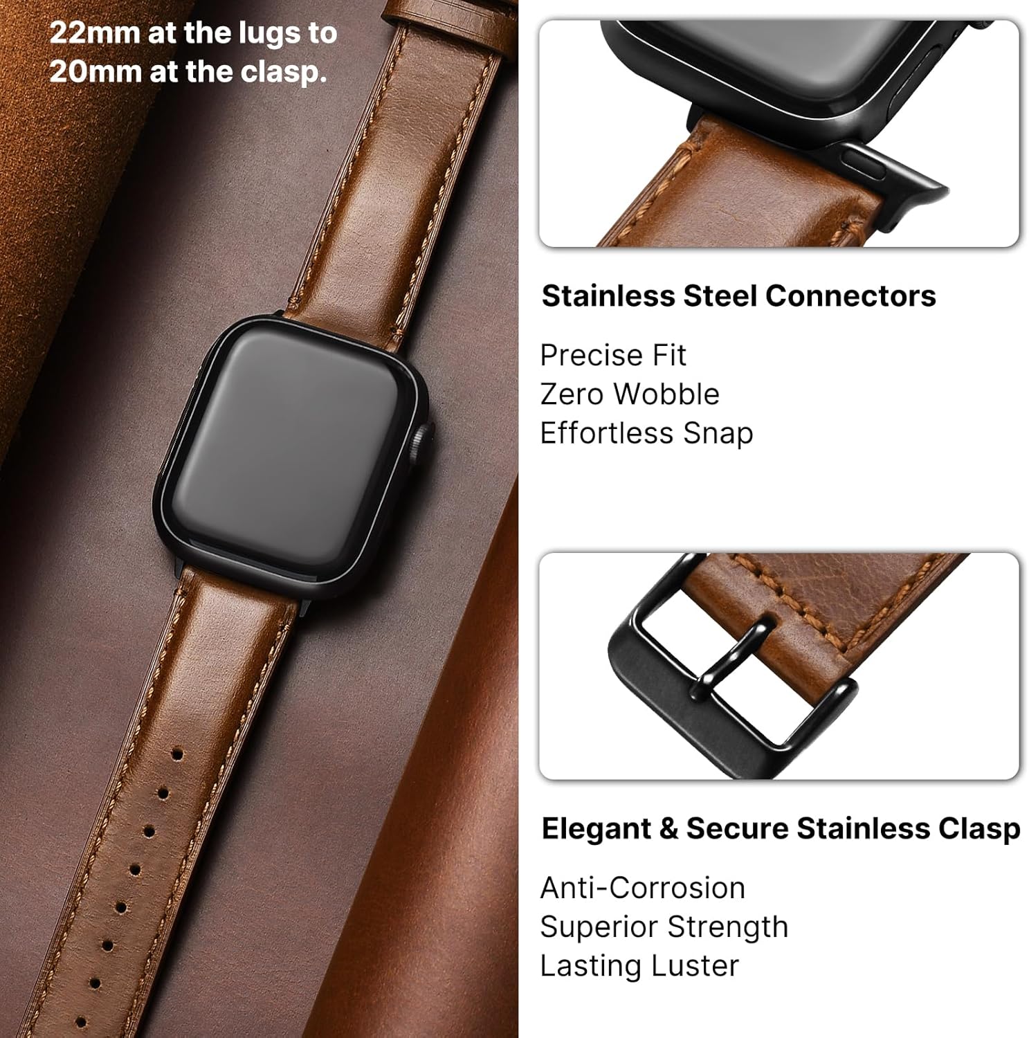 Thumbnail 6 de Fullmosa genuine leather Apple Watch strap (Brown + Black buckle) for 38mm–42mm models