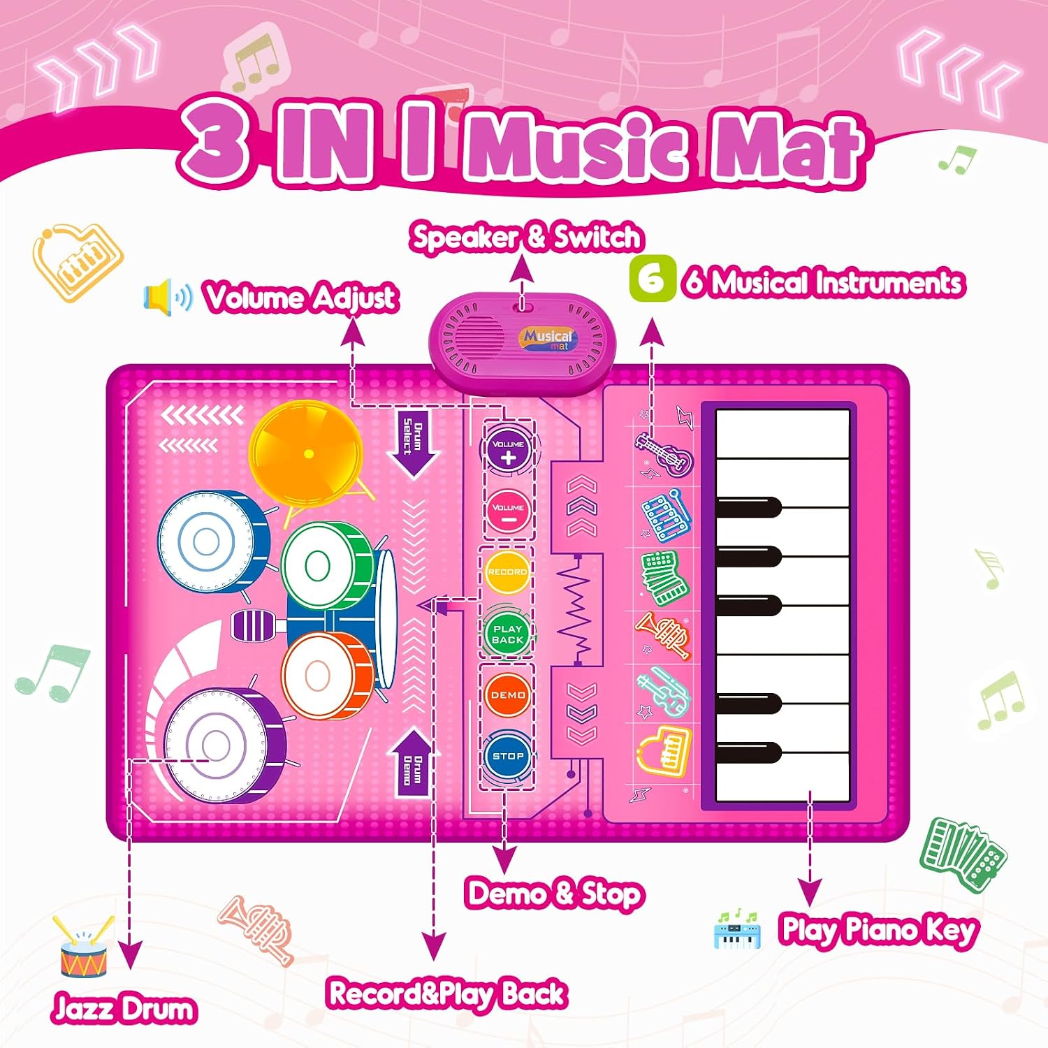 Detalle de Gralal 2-in-1 Pink Musical Mat for 1–2 Year Old Girls: Piano, Drums and Recording in One Playful Mat