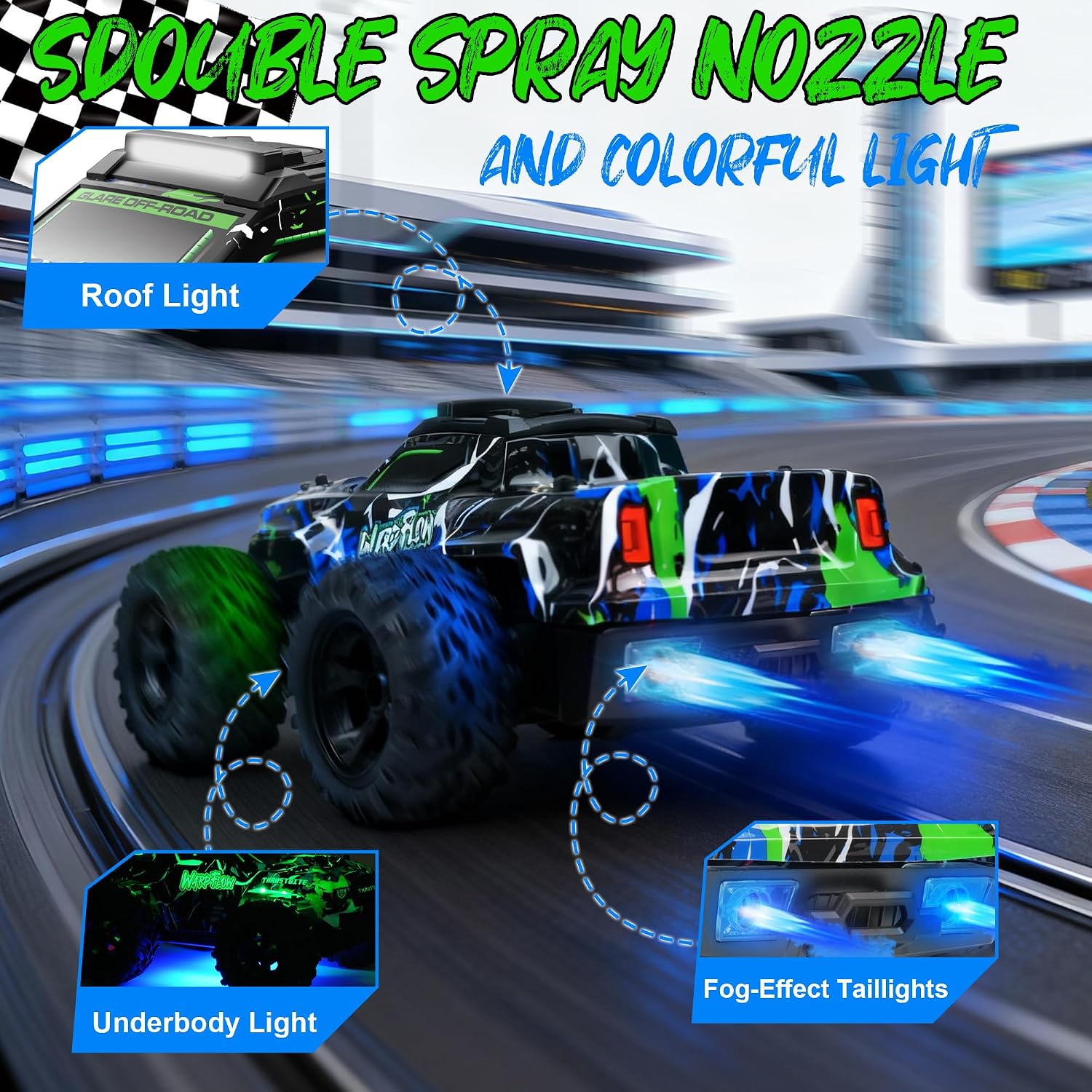 Detalle 2 de BAZADER Voiture Télécommandée Tout Terrain 1:18 – 2 Batteries, LED, Brumisateur et 2,4 GHz