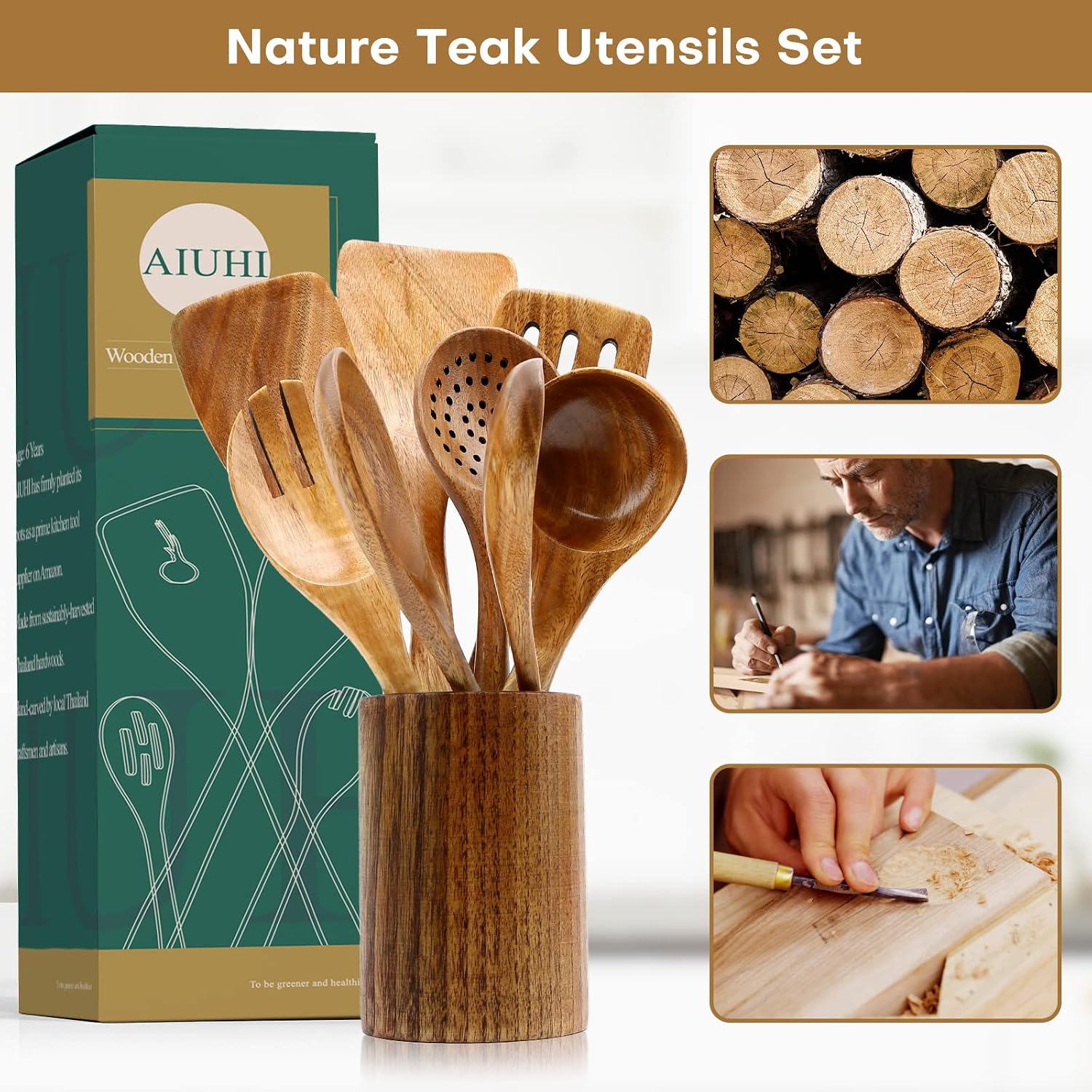 Detalle de 10-Pack Teak Wooden Cooking Utensils Set (Wood Spoons, Spatulas, Ladle & More) — Non-Scratch Kitchen Tools