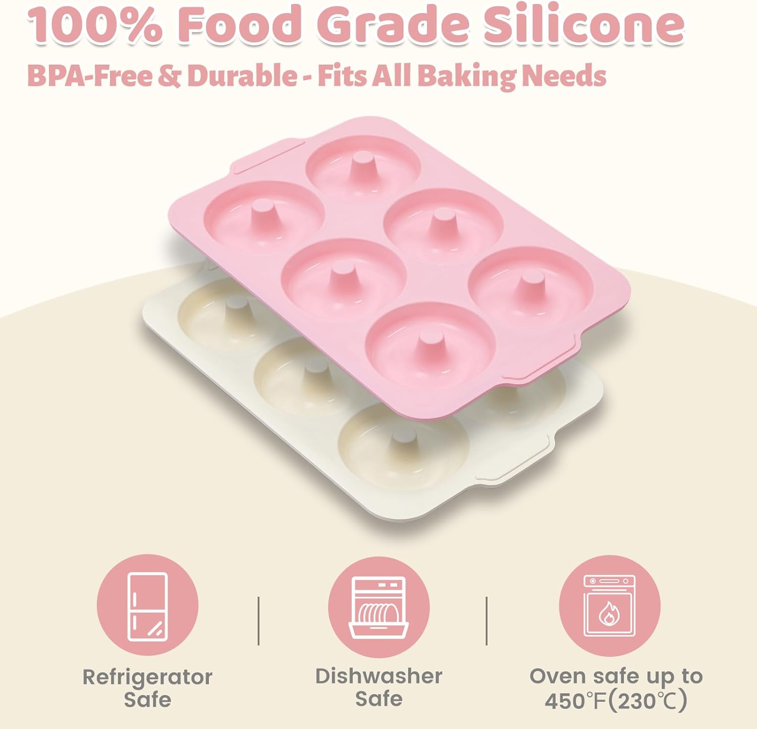 Detalle de Toeusog 2-Stück Silikon-Donuts-Backform, Groß 10,2 cm Ø, 6 Höhlungen – antihaft, Metallrahmen, Rosa & Beige