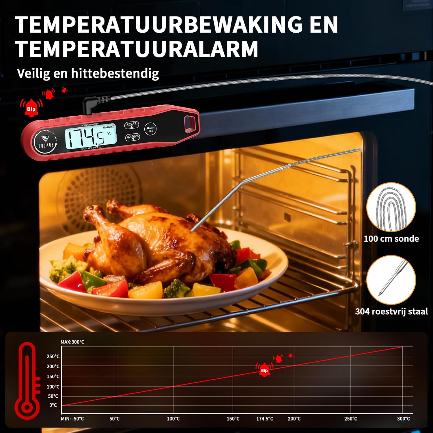 Detalle de DOQAUS CP8 PRO digitale vleesthermometer met 100 cm sonde en alarm