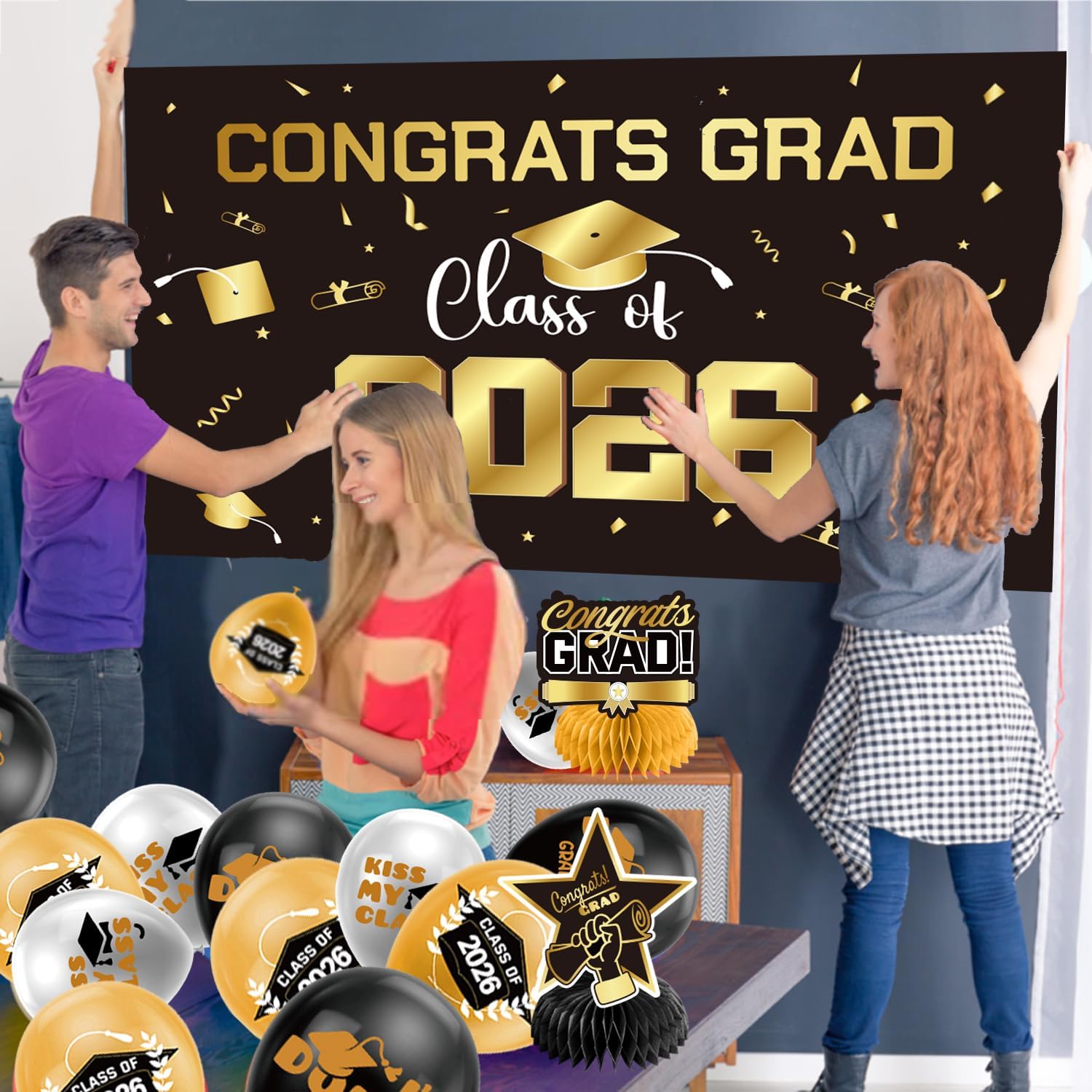 Thumbnail 6 de Graduation Decorations 2026 Gold Themed Set (Congrats Grad Banner, Backdrop, Balloons & Streamers) — Complete Party Supplies for Class of 2026