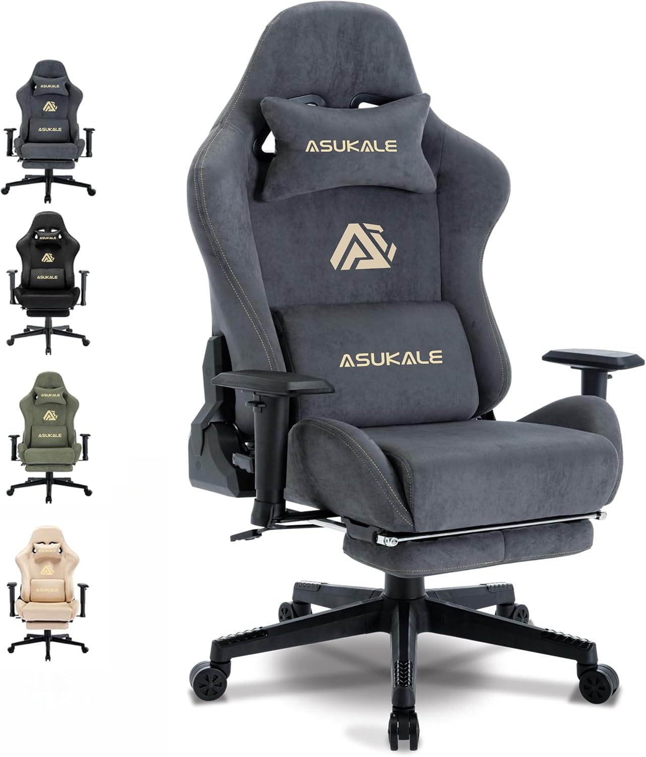 Detalle de Asukale Gaming Stuhl mit atmungsaktivem Stoff, verstellbarer Rückenlehne (90–150°) und Fußstütze – grau