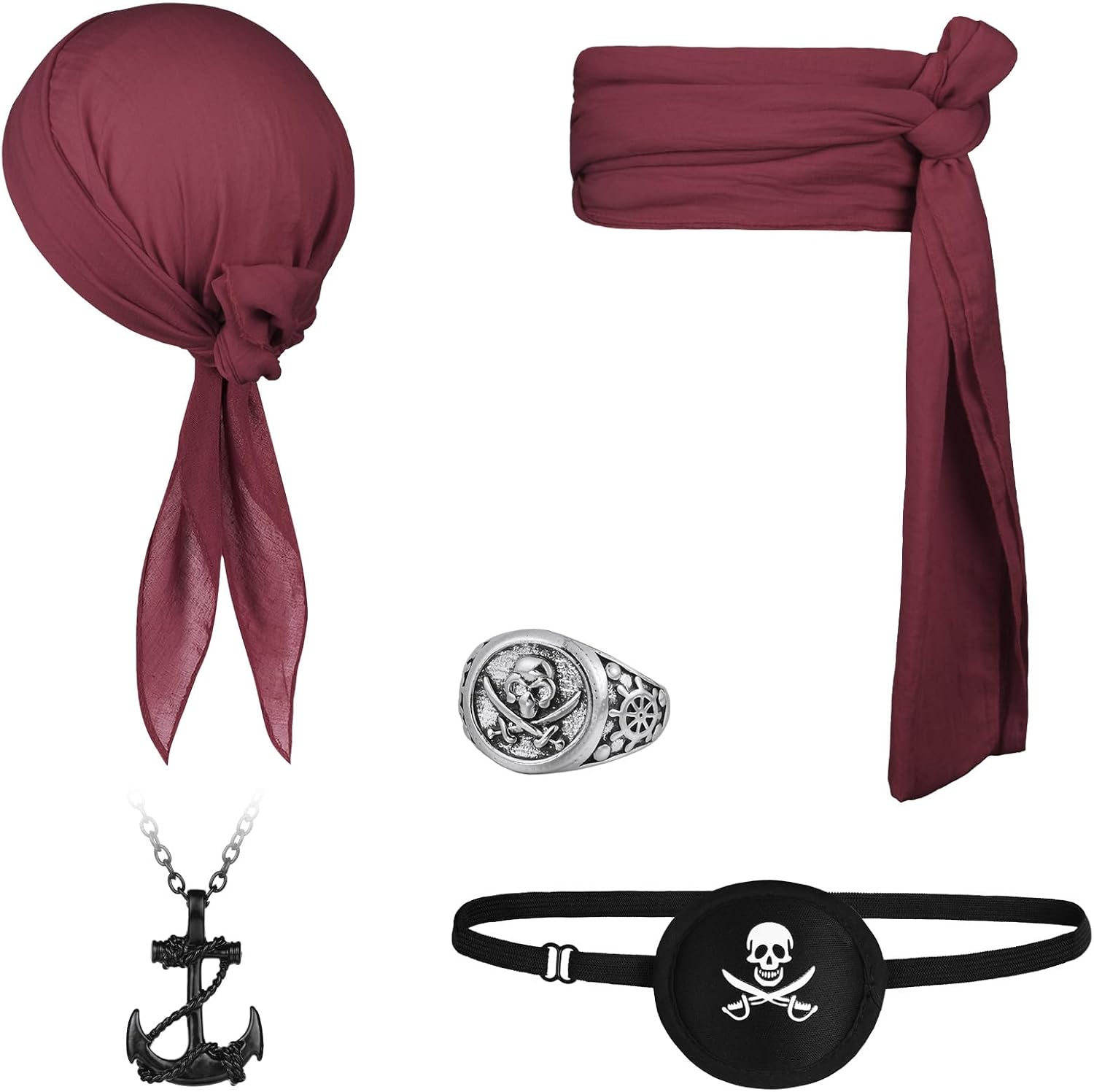 Alaoo Kit Accessori Pirata da Capitano (bandana, cintura e accessori) per Halloween, Carnevale e feste