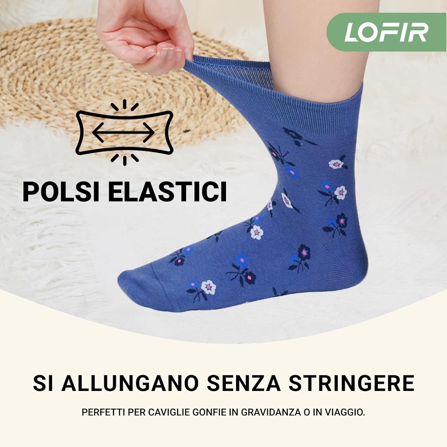 Thumbnail 3 de LOFIR calze da donna in cotone fantasia floreale senza elastico e senza cuciture (4 paia) taglia 39-46
