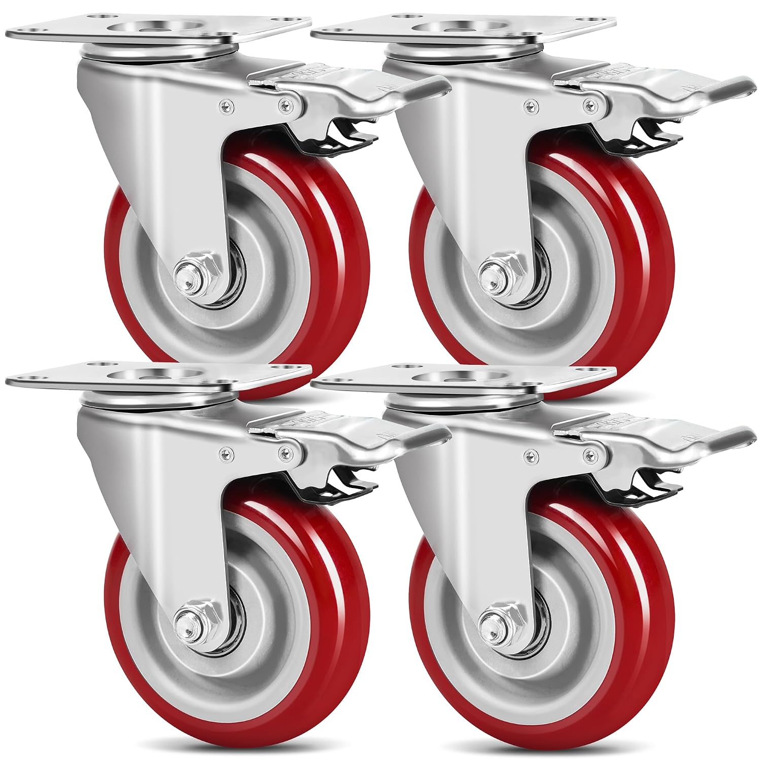 Set 4 Ruote per Carrello Carichi Pesanti con Freno 100 mm – Gomma Piena Silenziosa, 600 kg