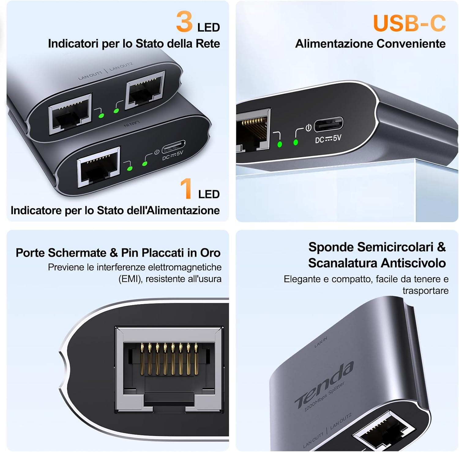 Thumbnail 5 de Tenda SG103M: Splitter Ethernet Gigabit 1→2, RJ45, 2 porte 1000 Mbps, alluminio, Plug & Play