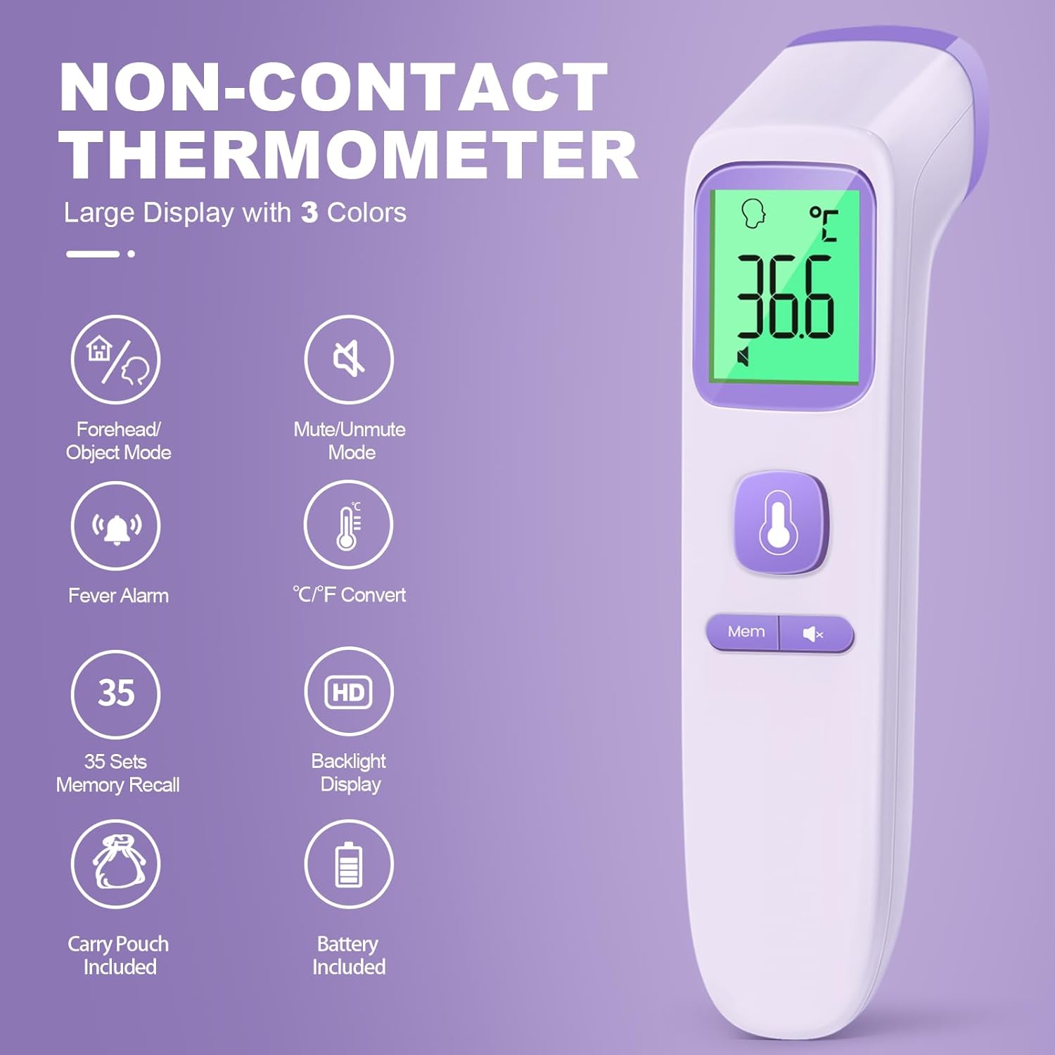 Thumbnail 1 de No-Touch Forehead Thermometer (Purple) — Infrared digital touchless thermometer with large display