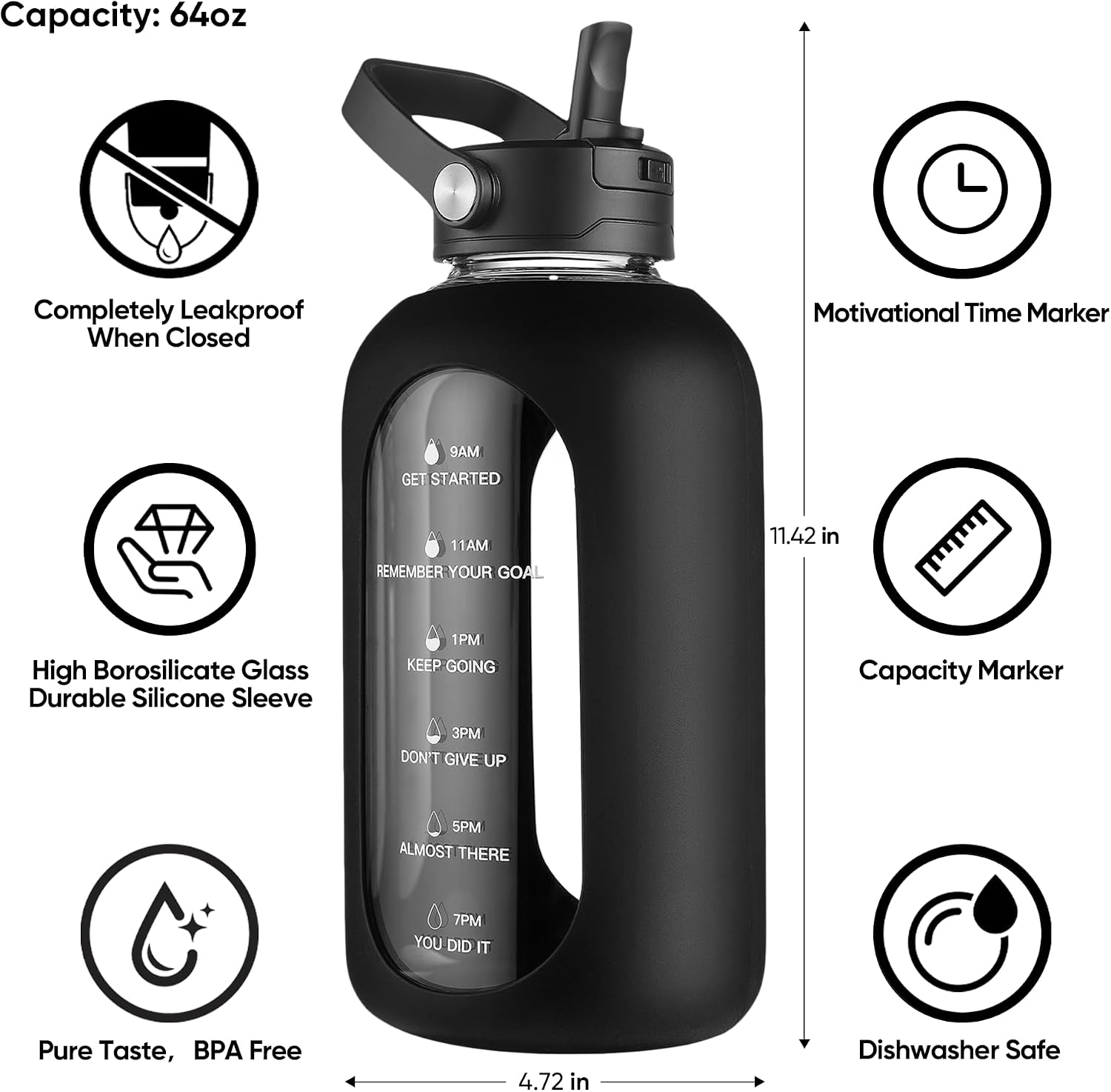 Thumbnail 5 de CIVAGO GWJ64CAMELIA 64 oz Glass Water Bottle with Straw and Time Markings