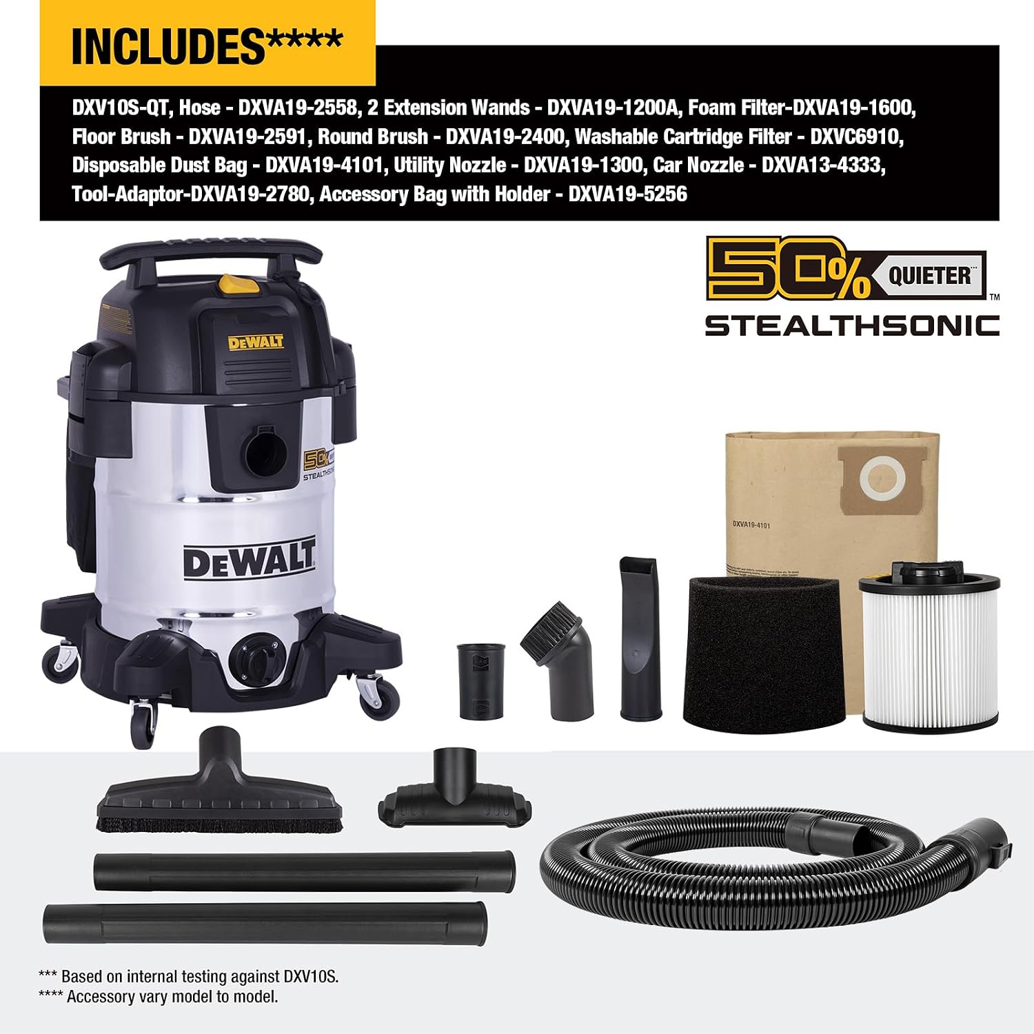 Detalle de DEWALT DXV10S-QT 10-Gallon Wet/Dry Shop Vacuum, 5 Peak HP, Quiet Tech