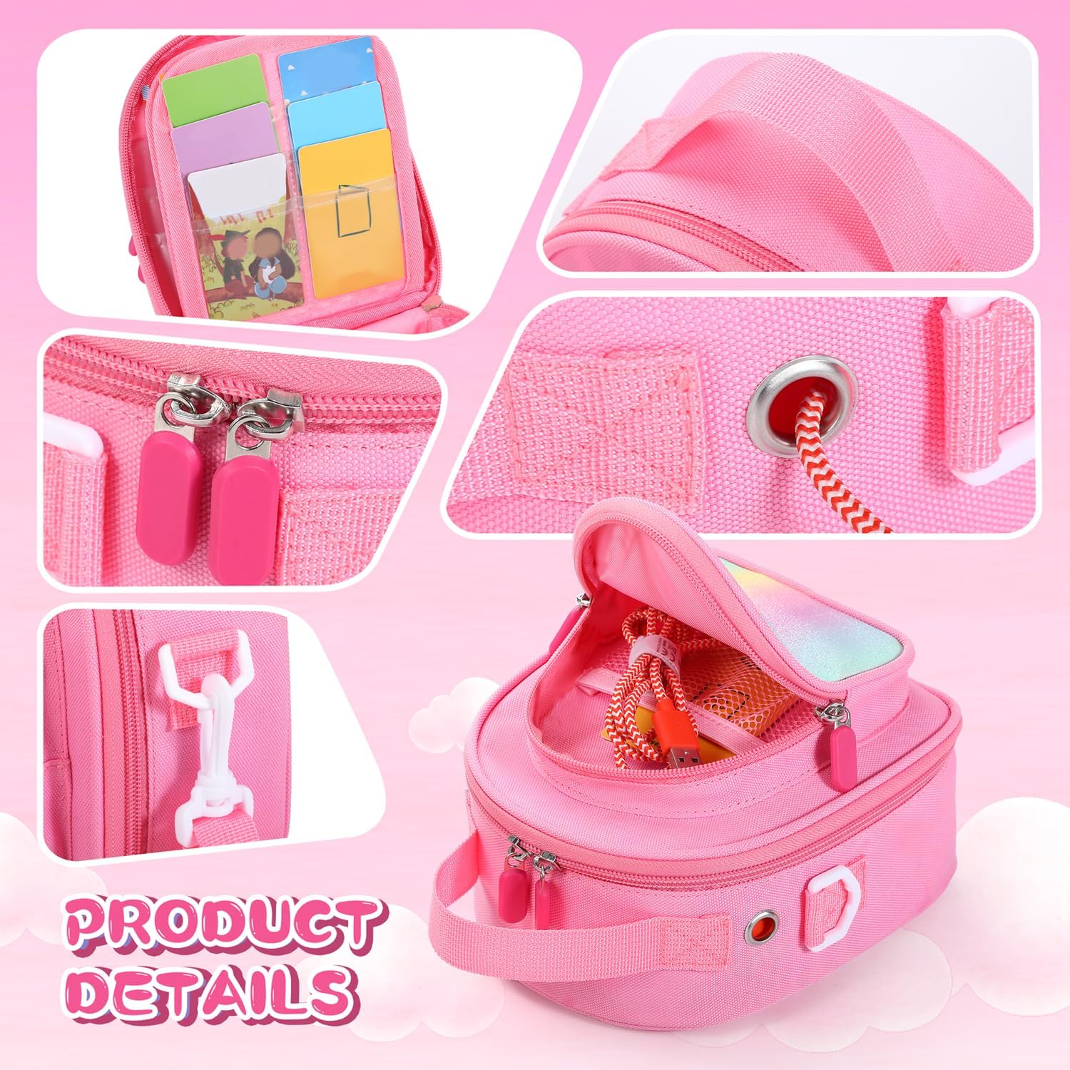 Detalle de Carrying Case Compatible with Yoto Mini (2024 Edition) — 30-Card Storage Bag with Handle & Shoulder Strap (Pink)