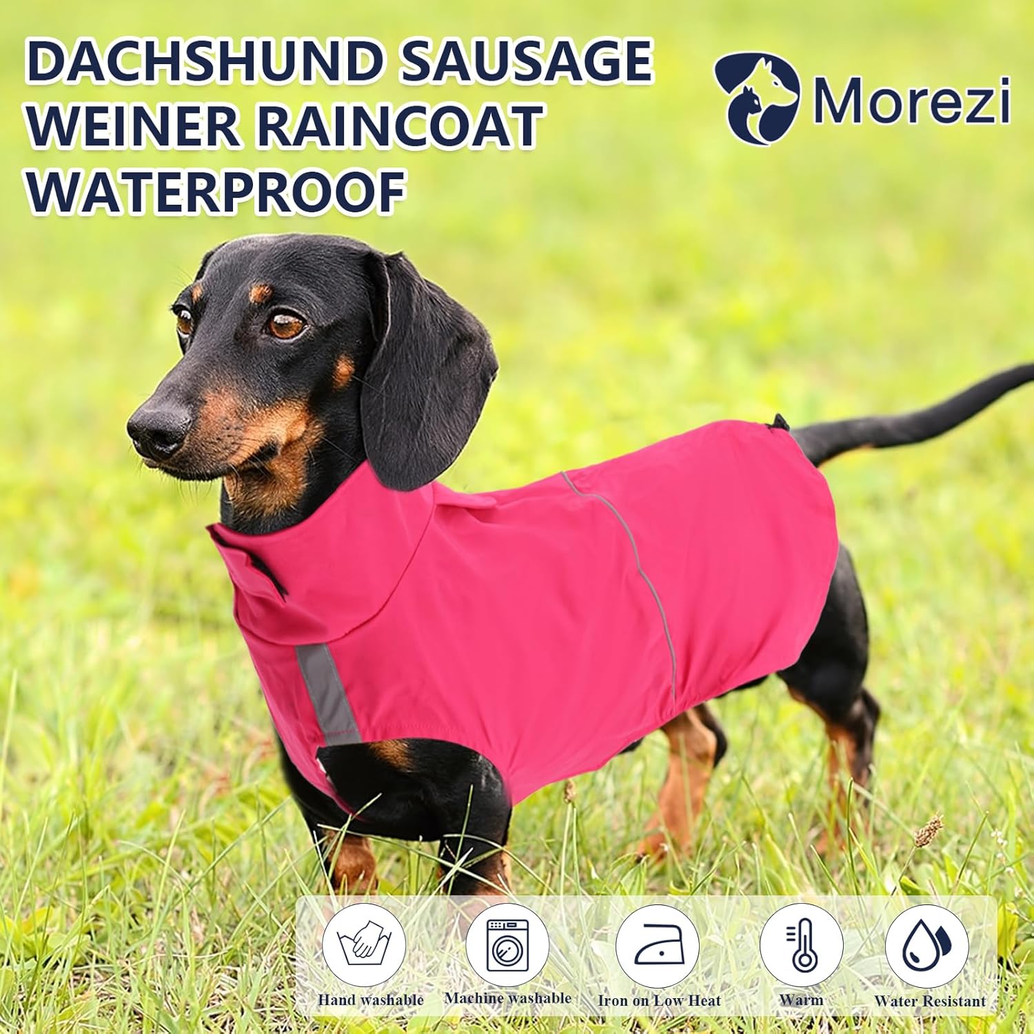Thumbnail 1 de Morezi Dachshund coat waterproof dog raincoat with reflective stripe and belly protection (Pink) – size XS