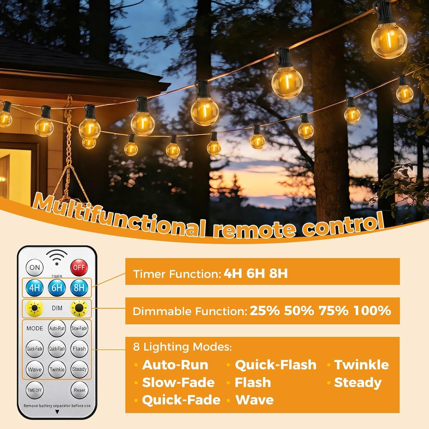 Thumbnail 1 de litogo Solar Festoon Light Outdoor with Remote – 13M/43FT, 8 Modes, USB & Solar Dual Charging