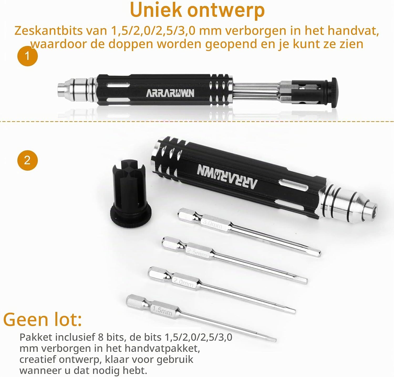 Detalle de ARRAROWN 002 10-in-1 RC-schroevendraaierset met hex- en bitmaten